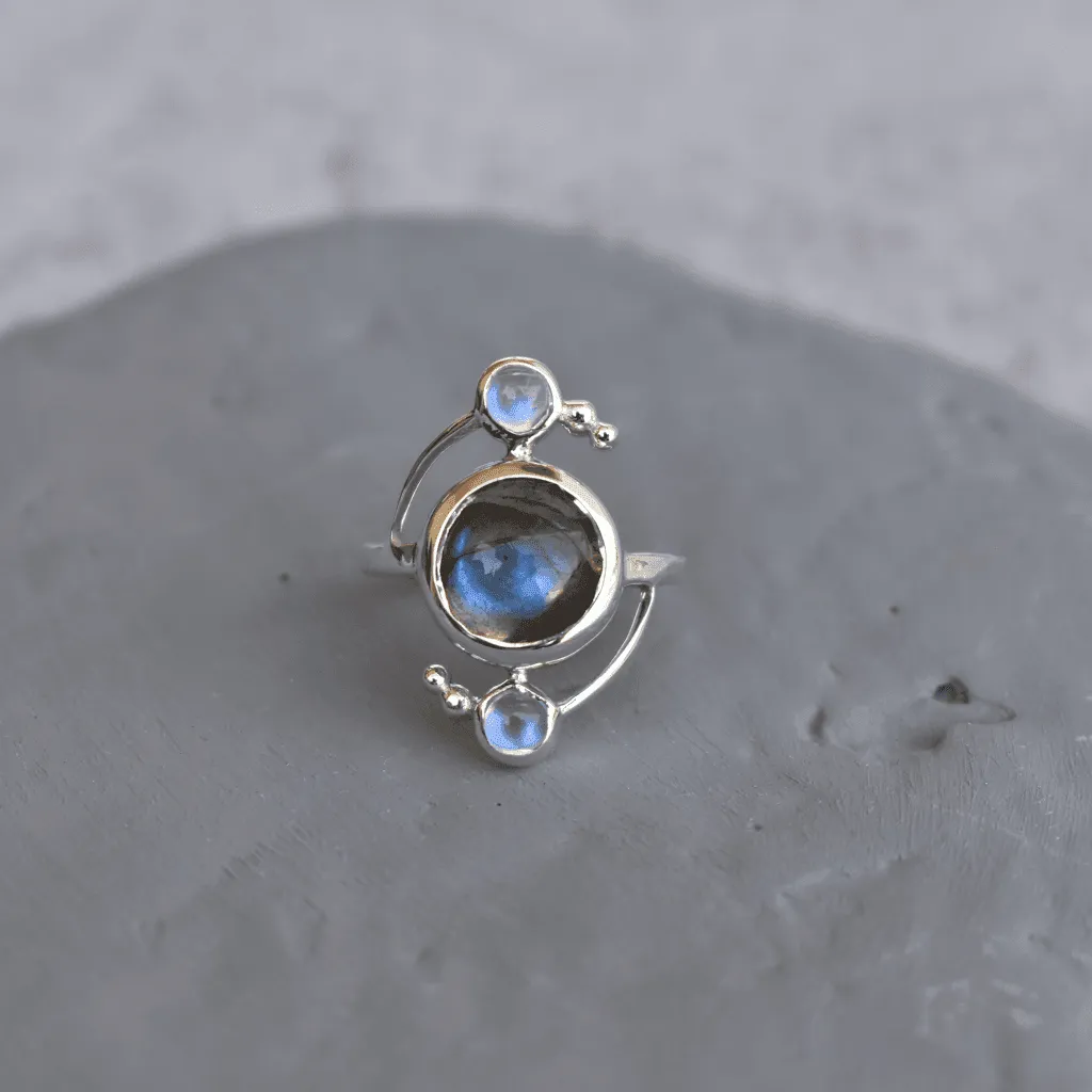 Cosmic Duet - Moonstone & Labradorite Ring