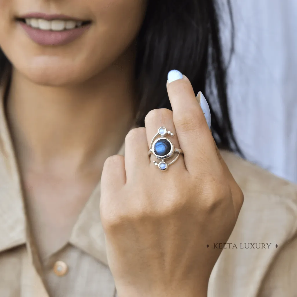Cosmic Duet - Moonstone & Labradorite Ring