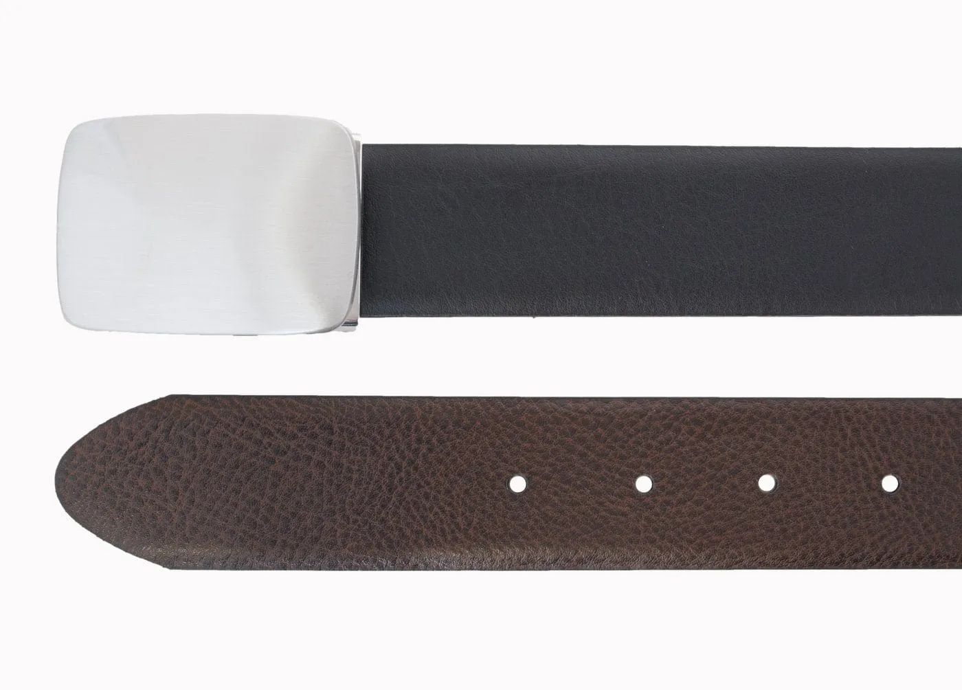 Custom Leather Belts Pebble Grain Reversible with Plaque Buckle- Brown/ Black