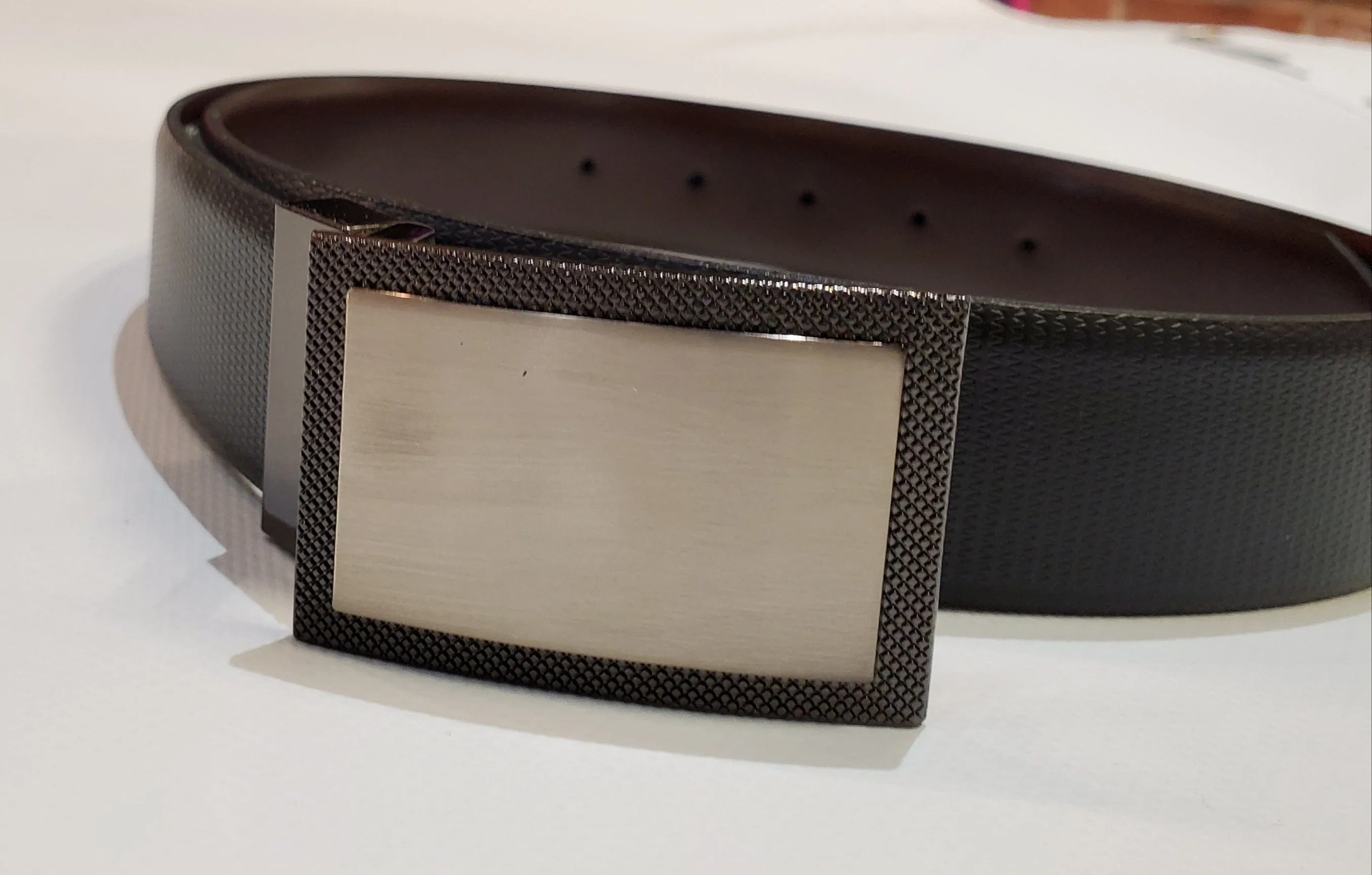Custom Leather Belts Pebble Grain Reversible with Plaque Buckle- Brown/ Black