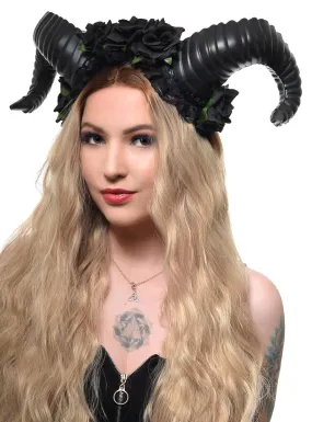 Deluxe Black Ram Horns and Roses Headpiece