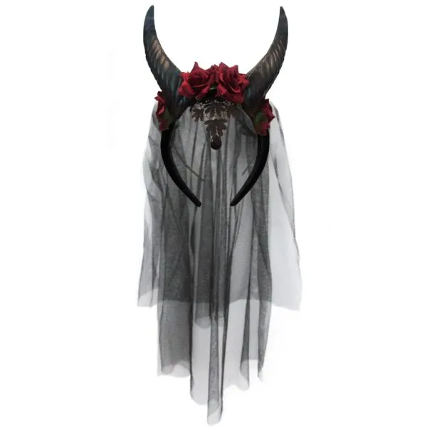 Demon Bride Headpiece With Horns With Roses and Vail