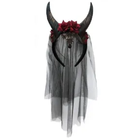 Demon Bride Headpiece With Horns With Roses and Vail