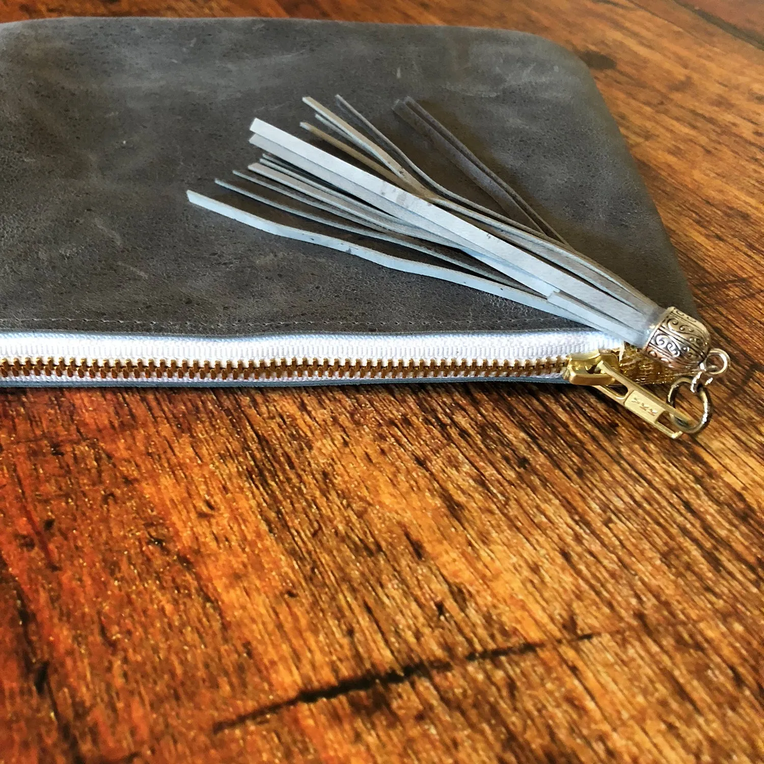 Distressed Grey Leather Cosmetic Bag/Clutch with Tassel