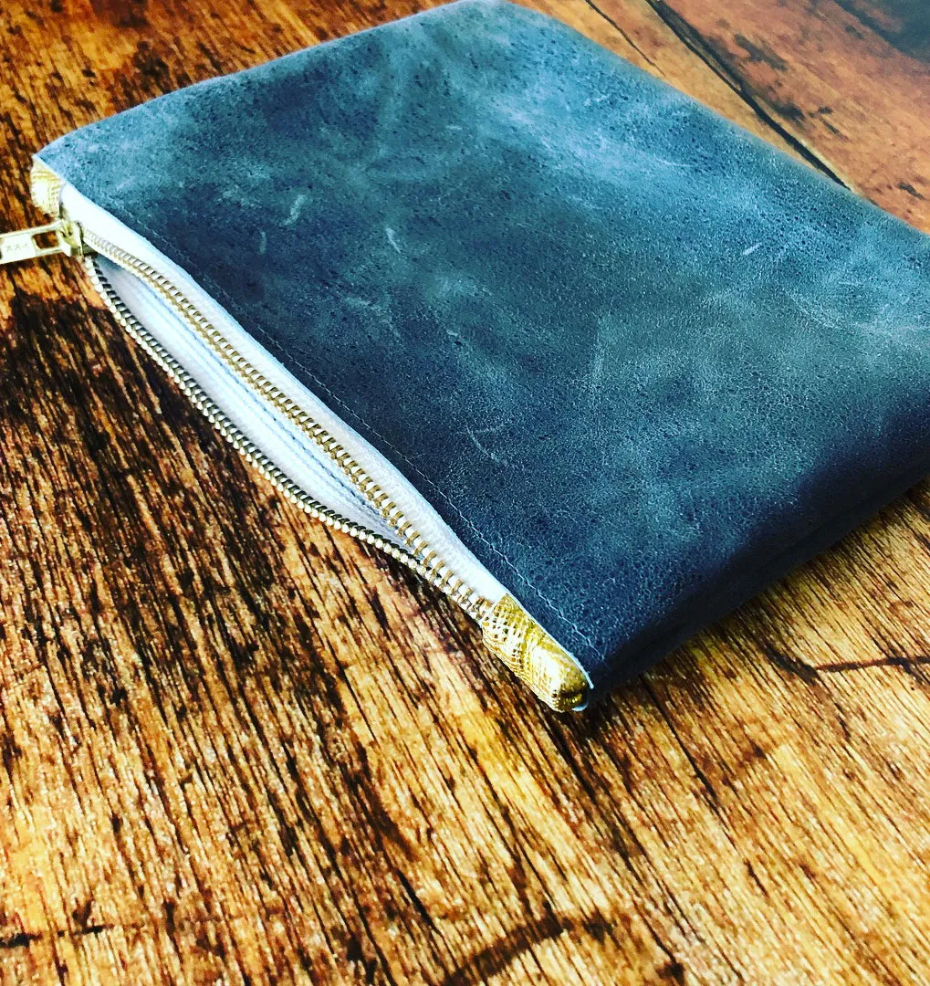 Distressed Grey Leather Cosmetic Bag/Clutch with Tassel
