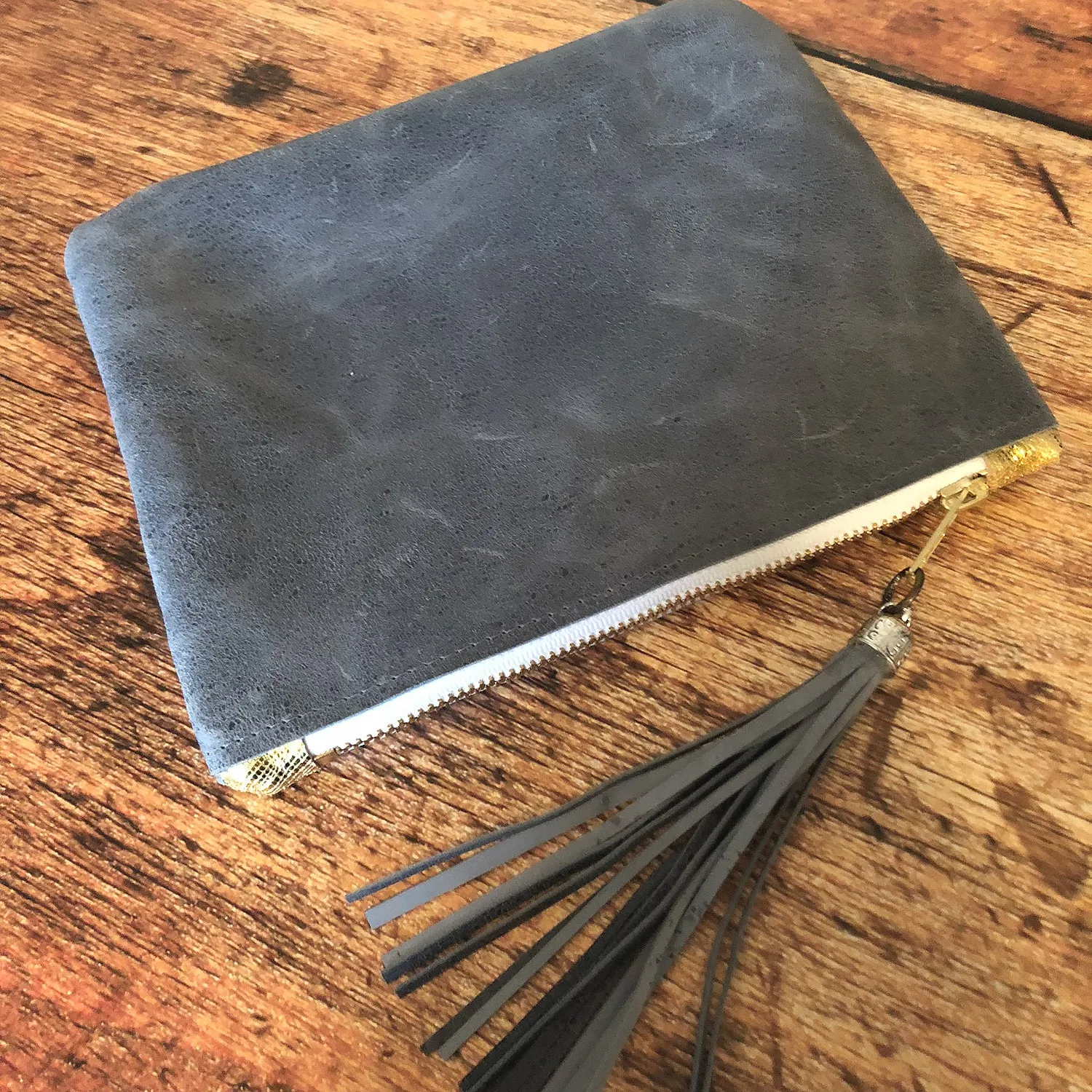 Distressed Grey Leather Cosmetic Bag/Clutch with Tassel