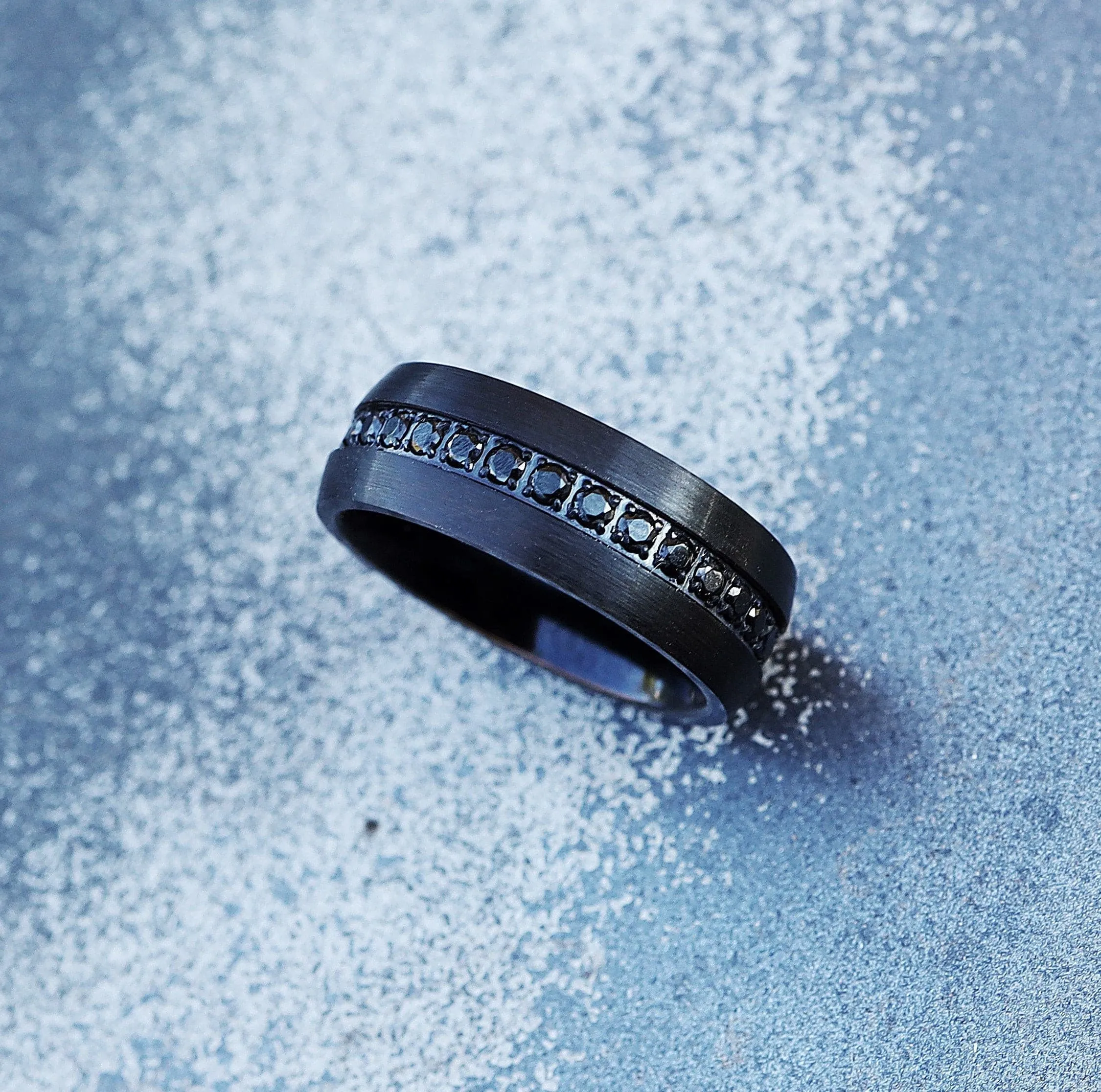 Domed Black Diamond Tungsten Ring, Mens Black Sapphire Diamond Tungsten Carbide Ring, Black Diamond Wedding Ring with Brushed Center - 8mm