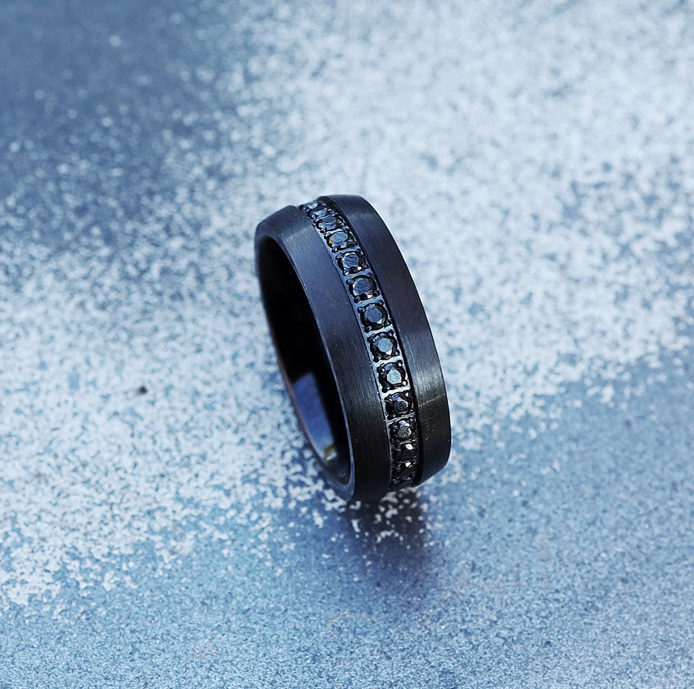 Domed Black Diamond Tungsten Ring, Mens Black Sapphire Diamond Tungsten Carbide Ring, Black Diamond Wedding Ring with Brushed Center - 8mm