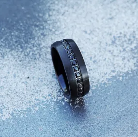 Domed Black Diamond Tungsten Ring, Mens Black Sapphire Diamond Tungsten Carbide Ring, Black Diamond Wedding Ring with Brushed Center - 8mm