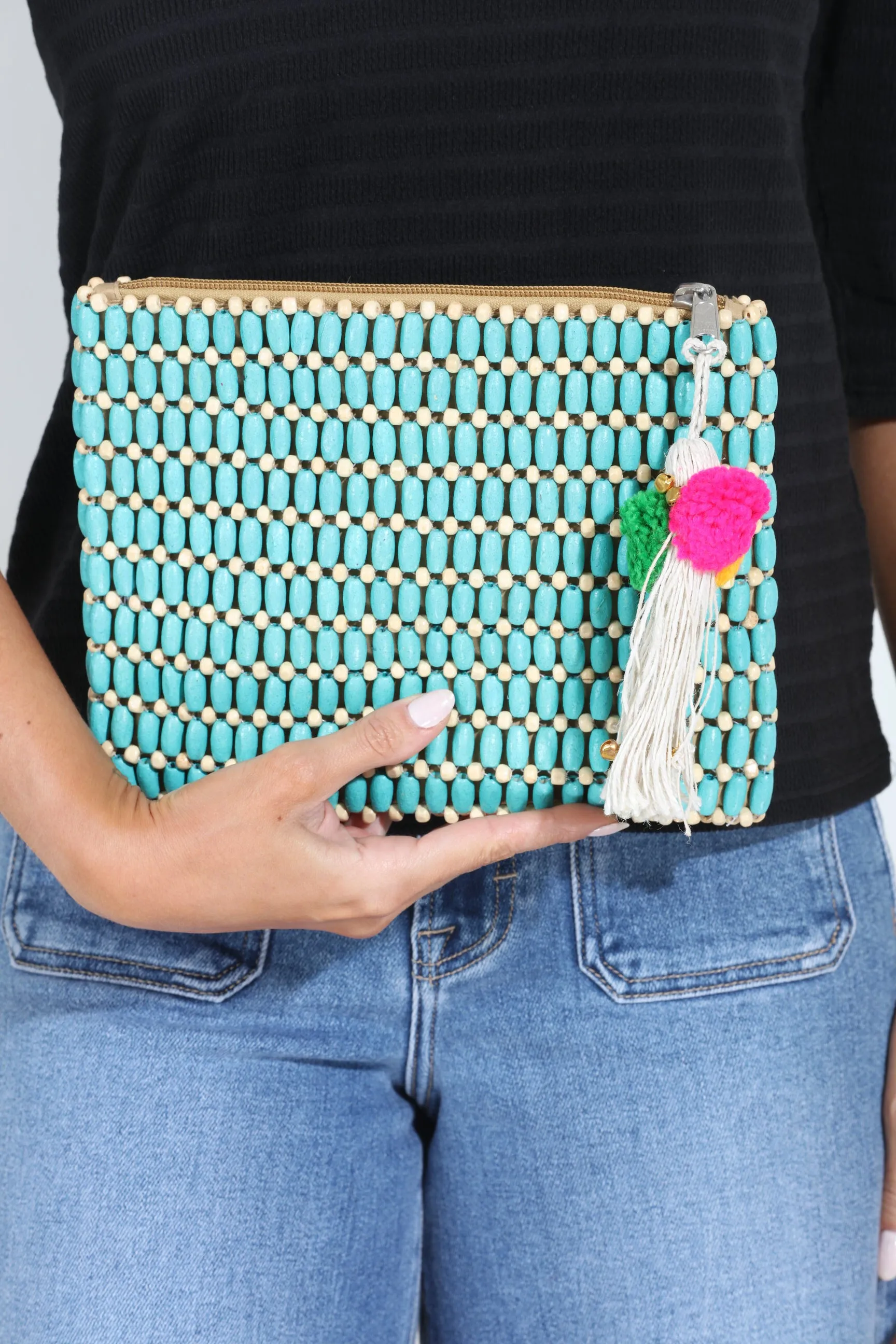 Elara Wooden Bead Clutch- Turquoise