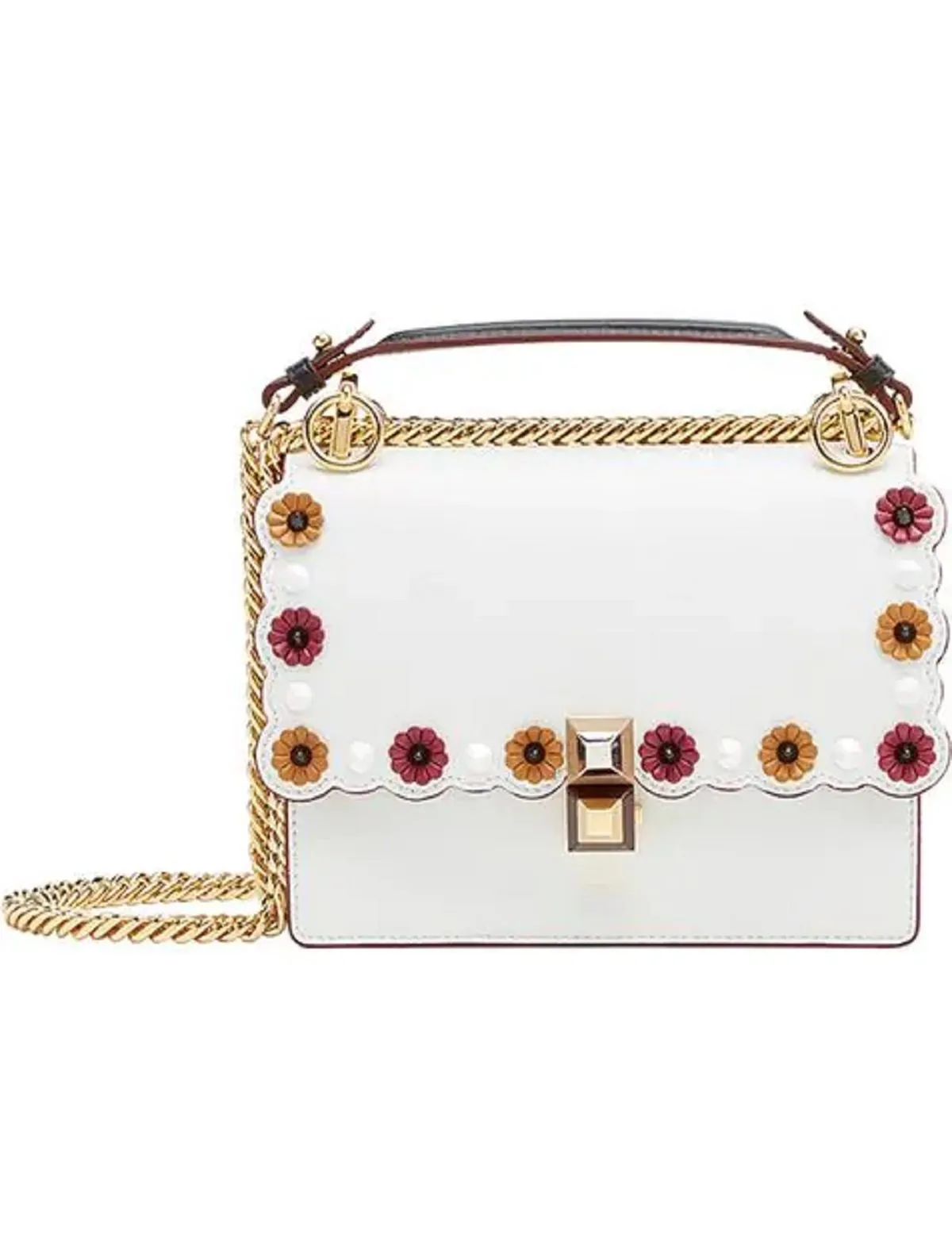 Fendi Womens Kan I White Multi Color Flowers Soft Leather Shoulder Bag 8M0381