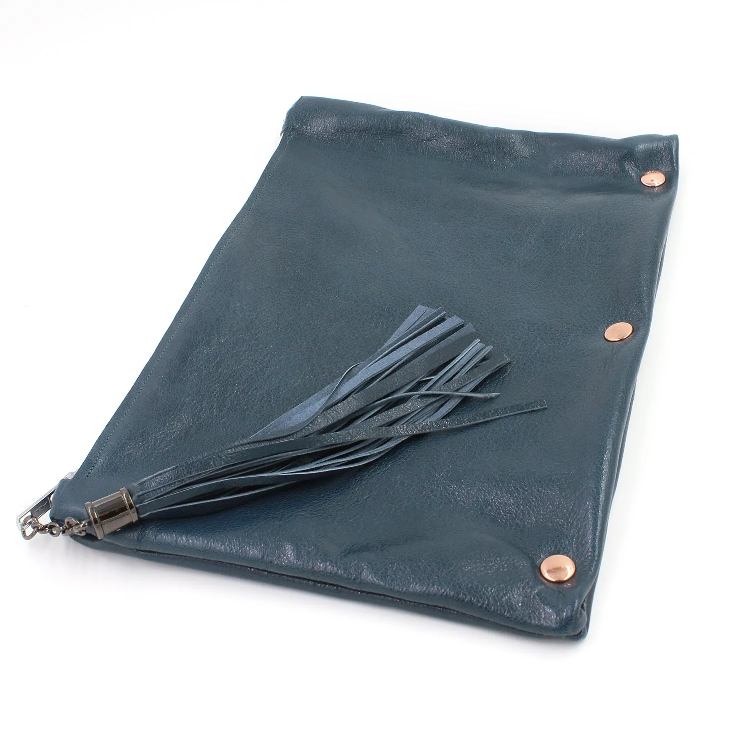 Fun Dark Teal Leather Clutch w/Yellow Zipper
