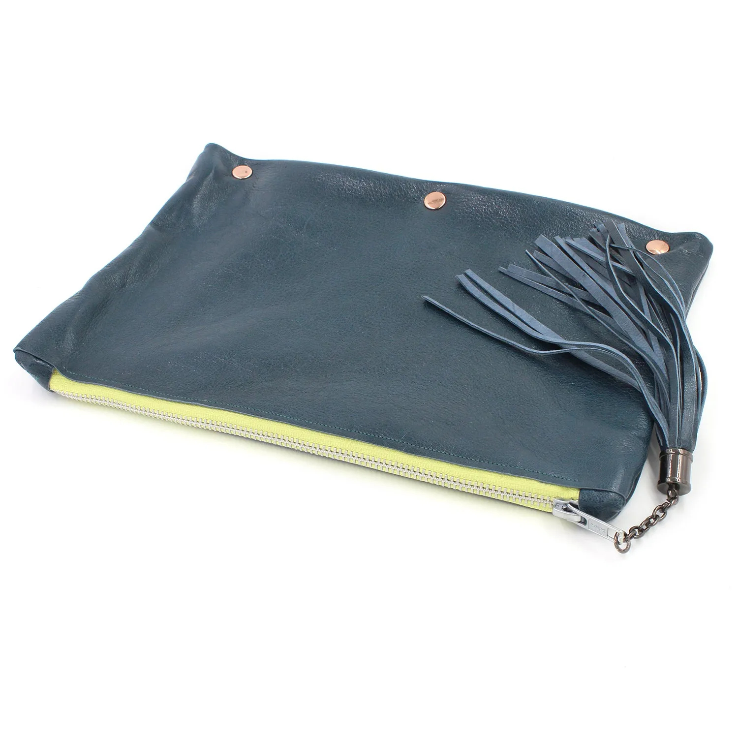 Fun Dark Teal Leather Clutch w/Yellow Zipper
