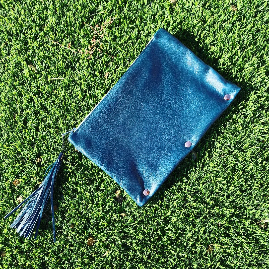 Fun Dark Teal Leather Clutch w/Yellow Zipper