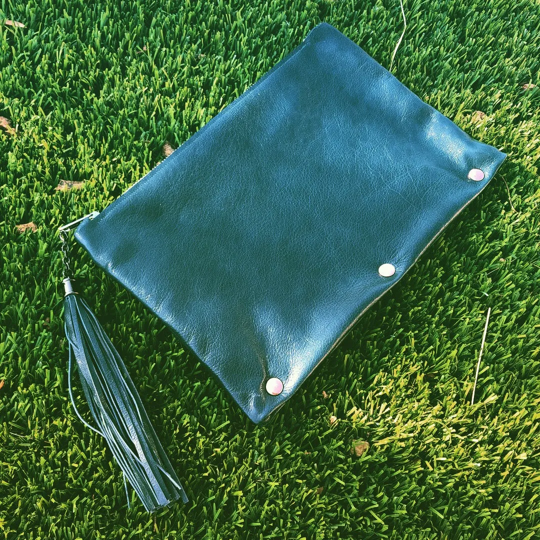 Fun Dark Teal Leather Clutch w/Yellow Zipper