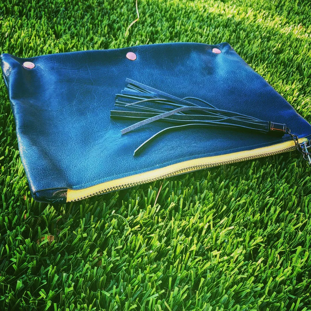 Fun Dark Teal Leather Clutch w/Yellow Zipper