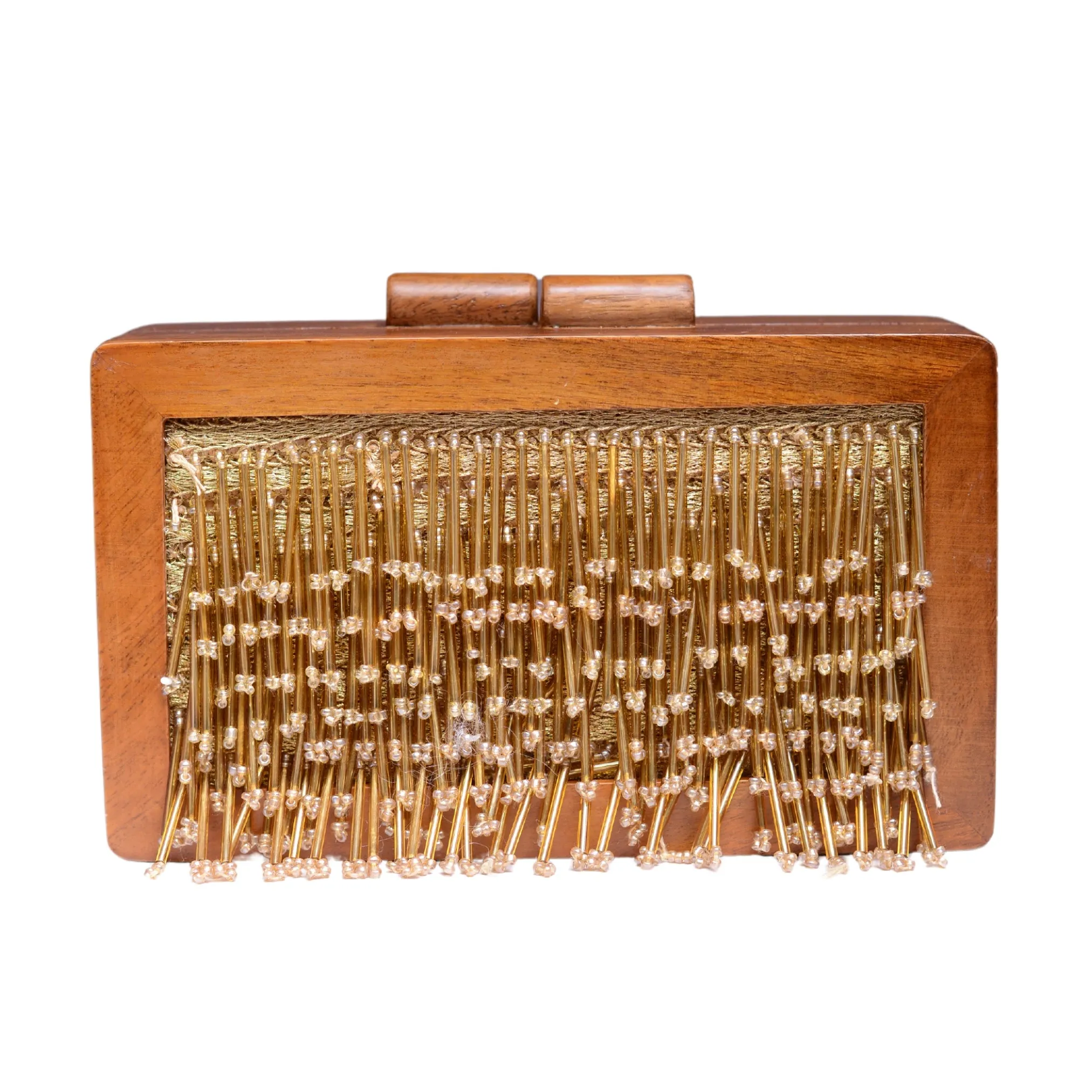Golden Tassel Embellished Wooden Clutch