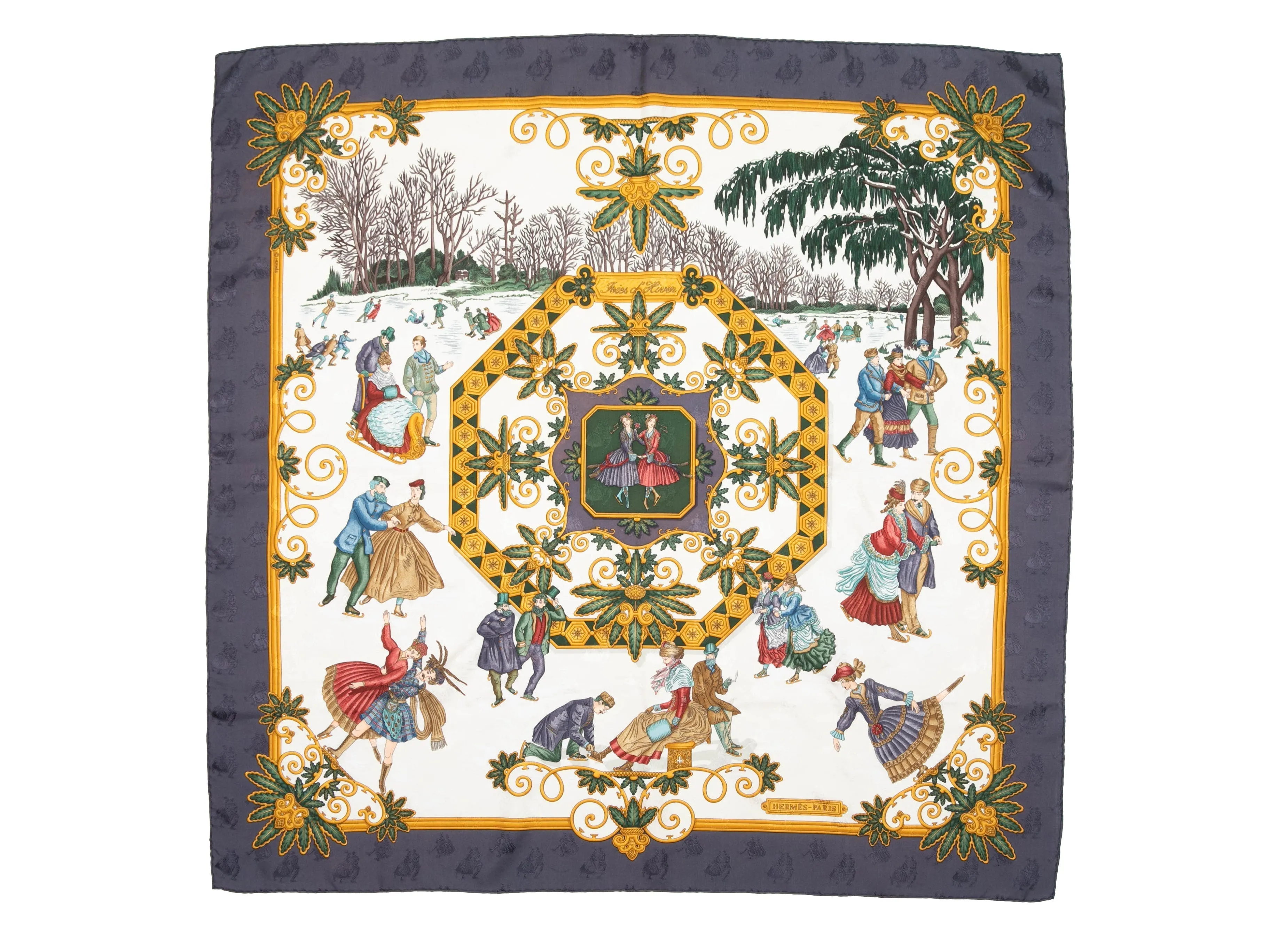 Gray & Multicolor Hermes Joie D'Hiver Motif Printed Silk Scarf