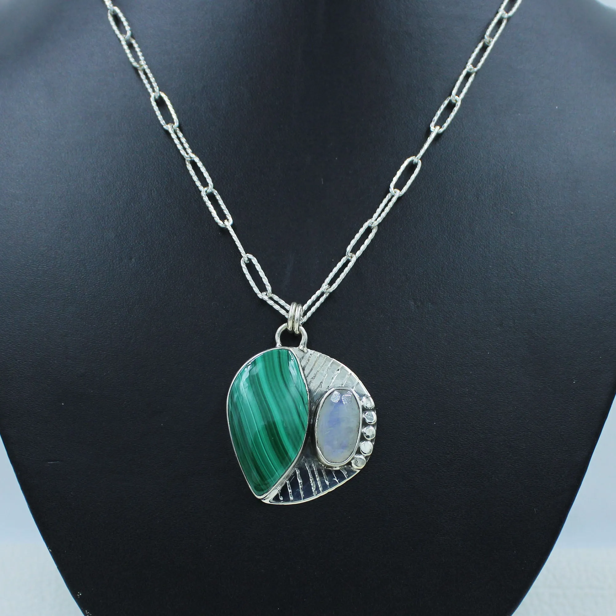 Green Malachite with Moonstone Silver Necklace