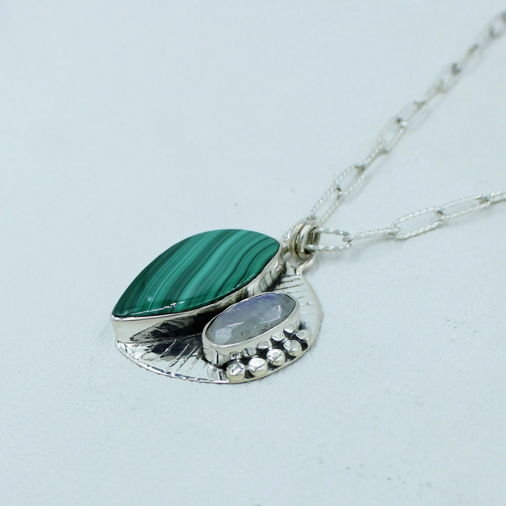 Green Malachite with Moonstone Silver Necklace