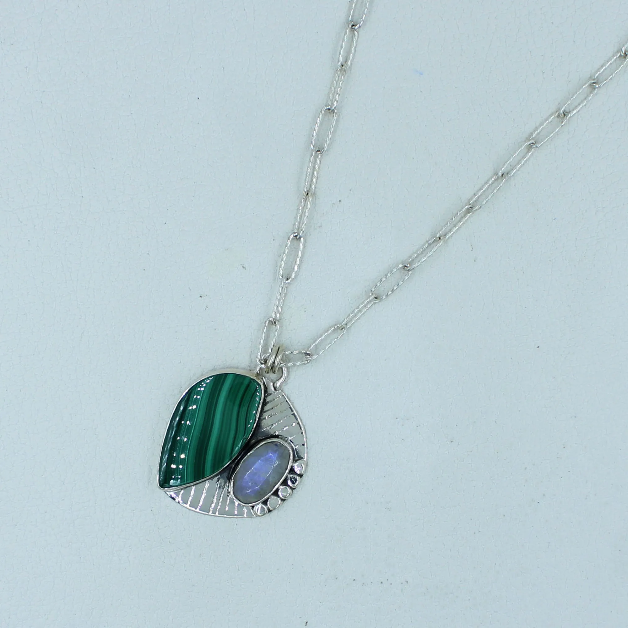 Green Malachite with Moonstone Silver Necklace