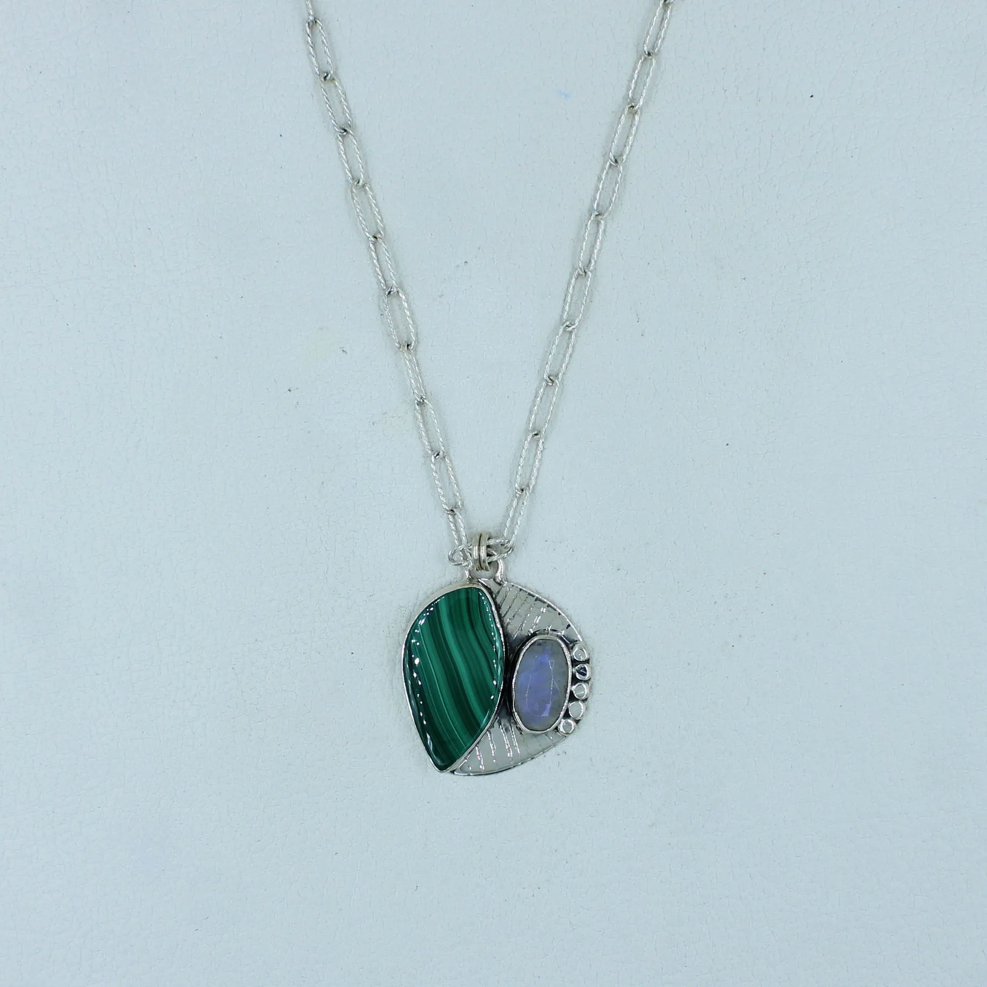 Green Malachite with Moonstone Silver Necklace