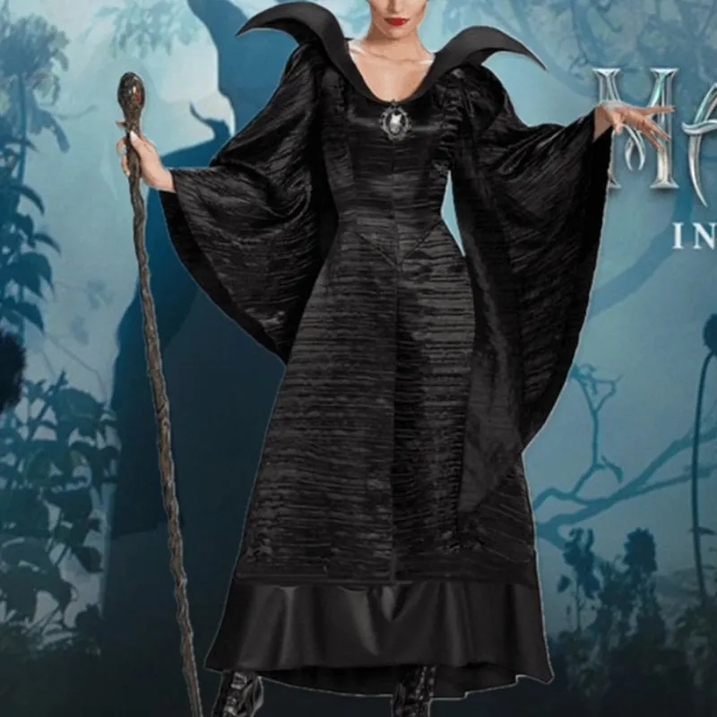 Halloween Joskaa Witch Maleficent Sleeping Beauty Movie Costume Adult Women Evil Dress Horn Hat Outfit Hat Helmet Hood Bar