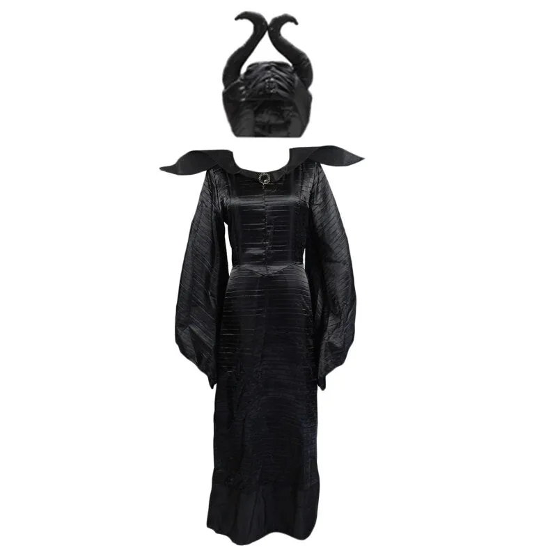 Halloween Joskaa Witch Maleficent Sleeping Beauty Movie Costume Adult Women Evil Dress Horn Hat Outfit Hat Helmet Hood Bar