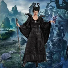 Halloween Joskaa Witch Maleficent Sleeping Beauty Movie Costume Adult Women Evil Dress Horn Hat Outfit Hat Helmet Hood Bar