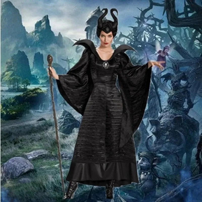 Halloween Joskaa Witch Maleficent Sleeping Beauty Movie Costume Adult Women Evil Dress Horn Hat Outfit Hat Helmet Hood Bar