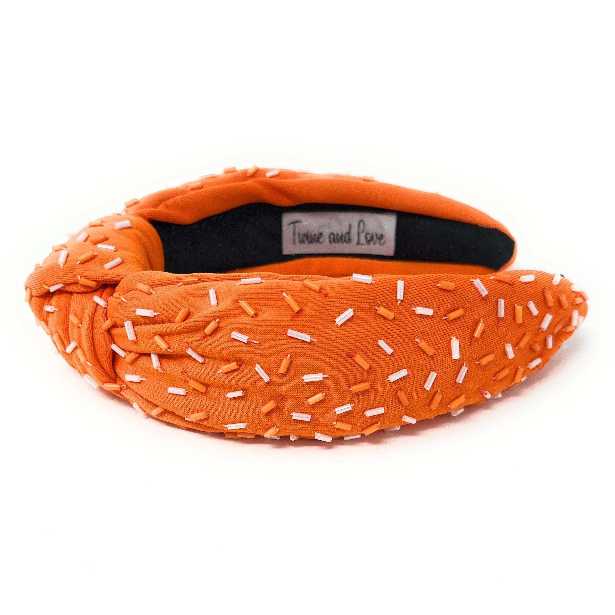 Hand Beaded White Orange Confetti Knot Headband