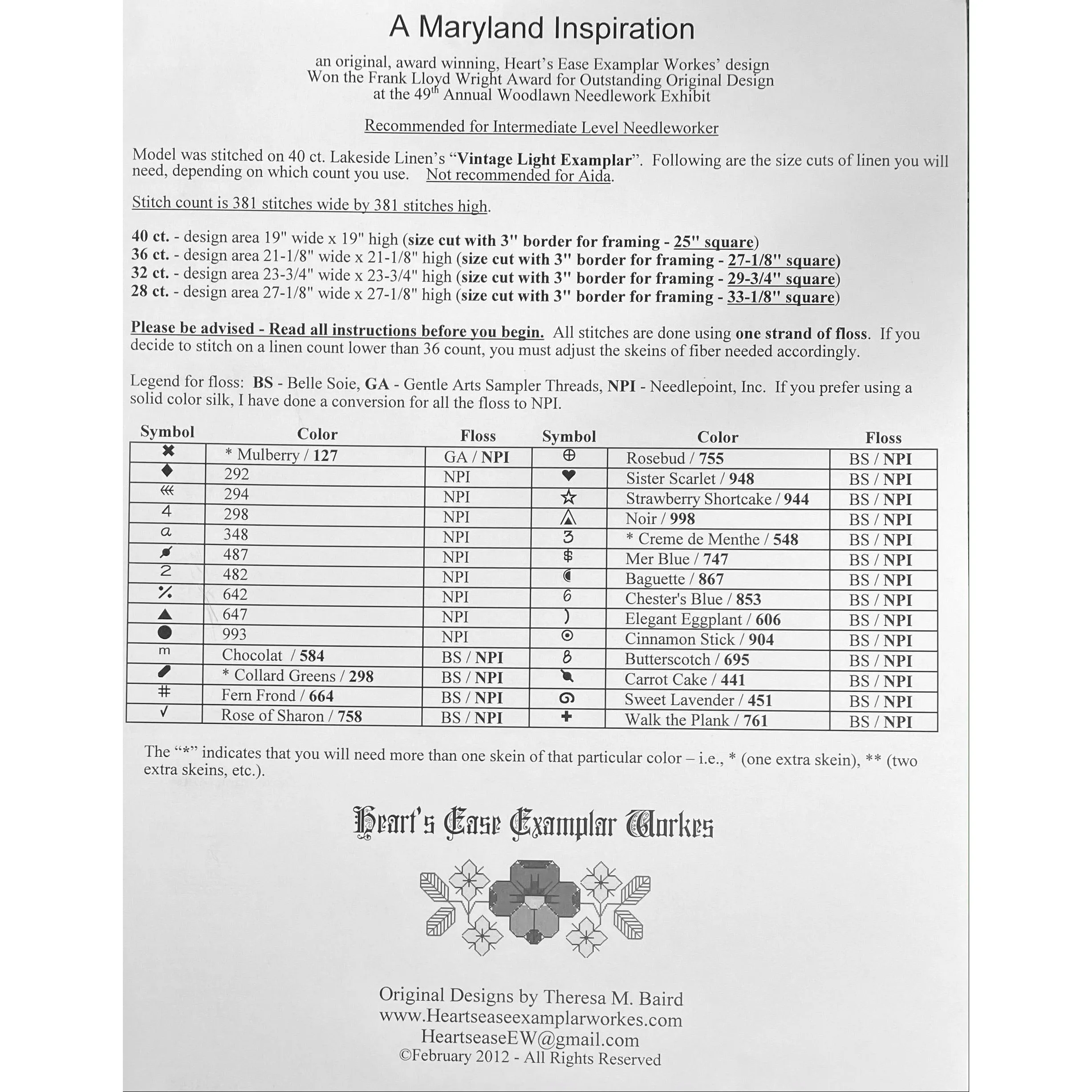 Heart's Ease Examplar Workes ~ A Maryland Inspiration Pattern
