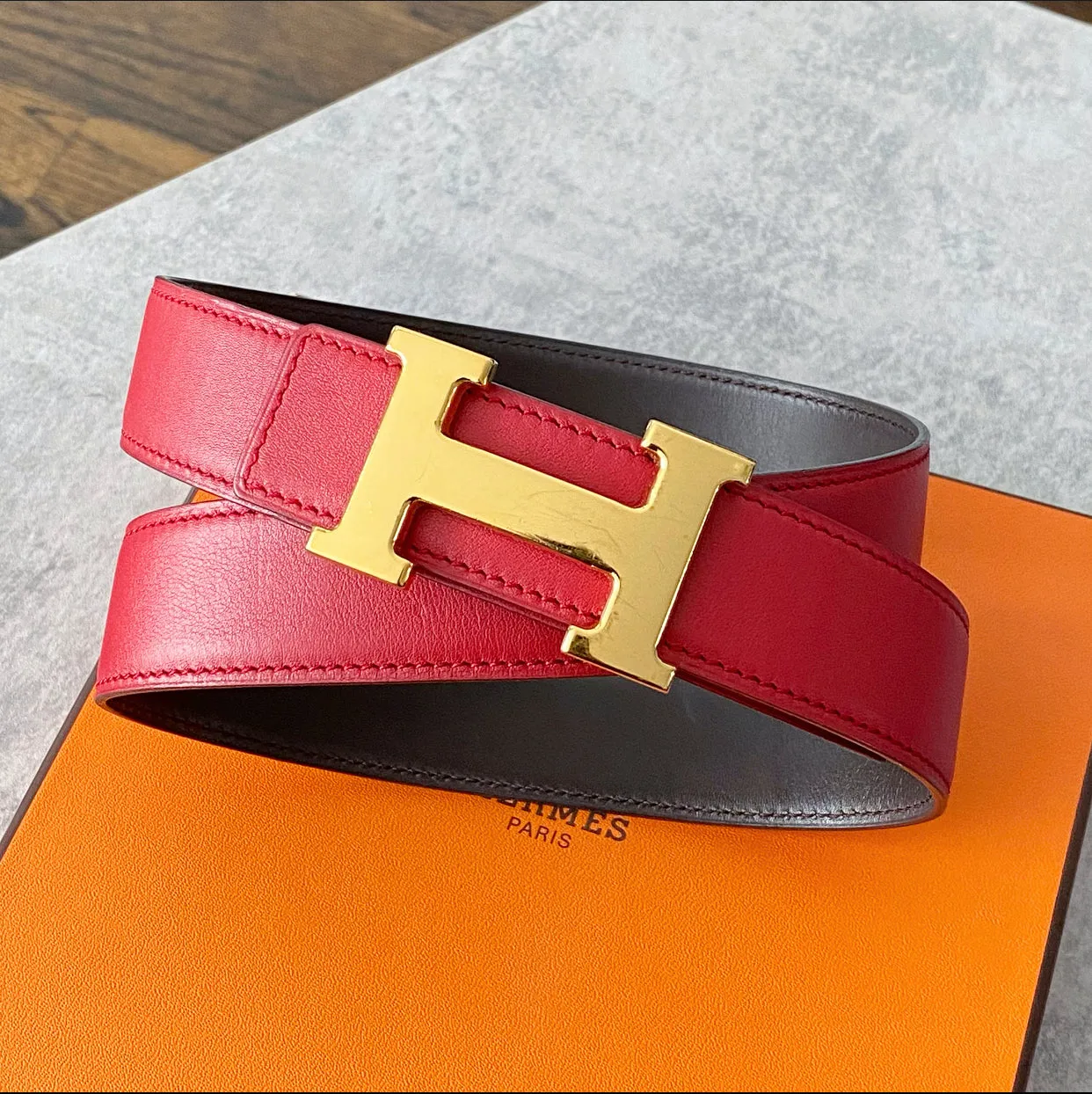 Hermes Red and Brown Reversible Belt Kit - 30-34”