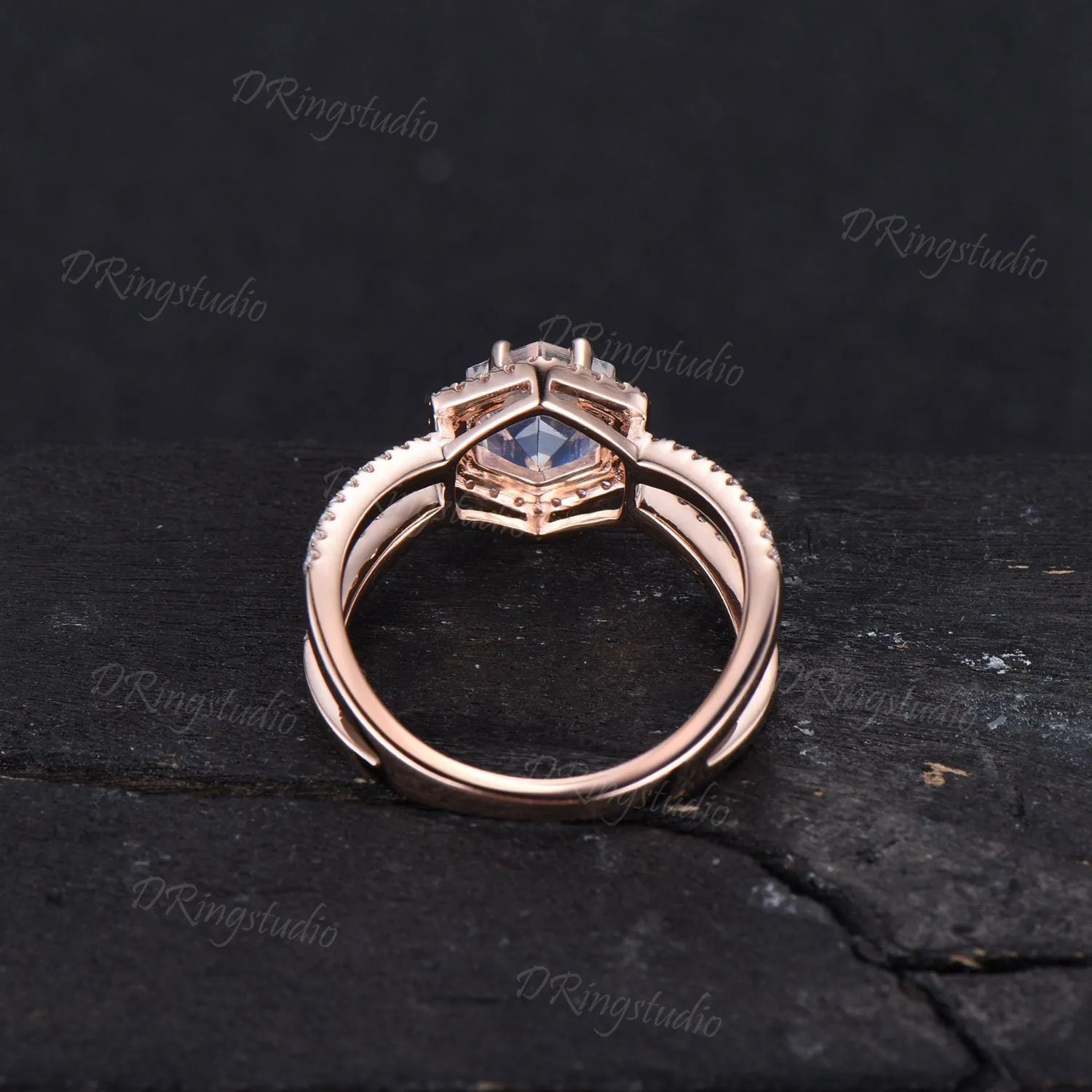 Hexagon Natural Moonstone Halo Engagement Ring Split Moissanite Ring Unique Half Eternity Moonstone Wedding Ring Art Pave Ring Gifts For Her