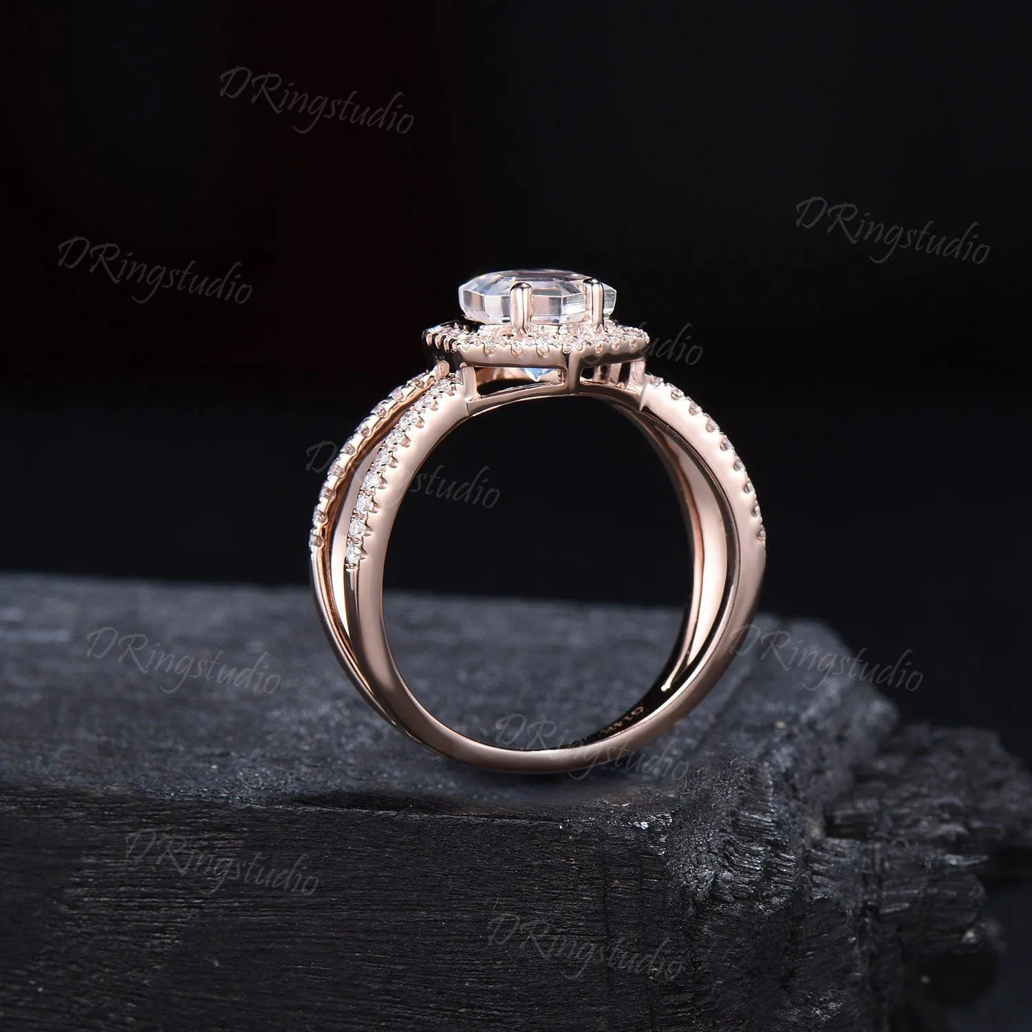 Hexagon Natural Moonstone Halo Engagement Ring Split Moissanite Ring Unique Half Eternity Moonstone Wedding Ring Art Pave Ring Gifts For Her