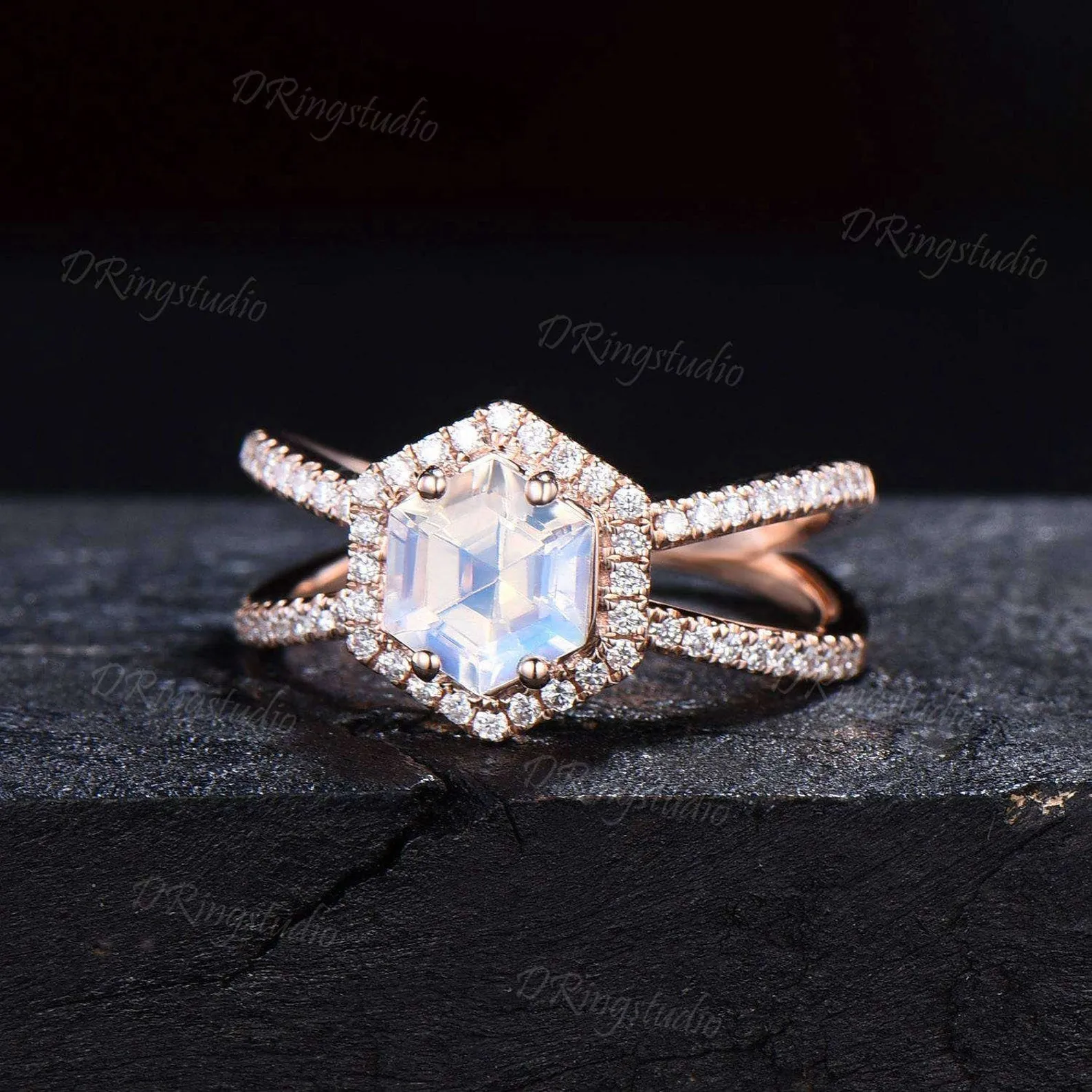 Hexagon Natural Moonstone Halo Engagement Ring Split Moissanite Ring Unique Half Eternity Moonstone Wedding Ring Art Pave Ring Gifts For Her