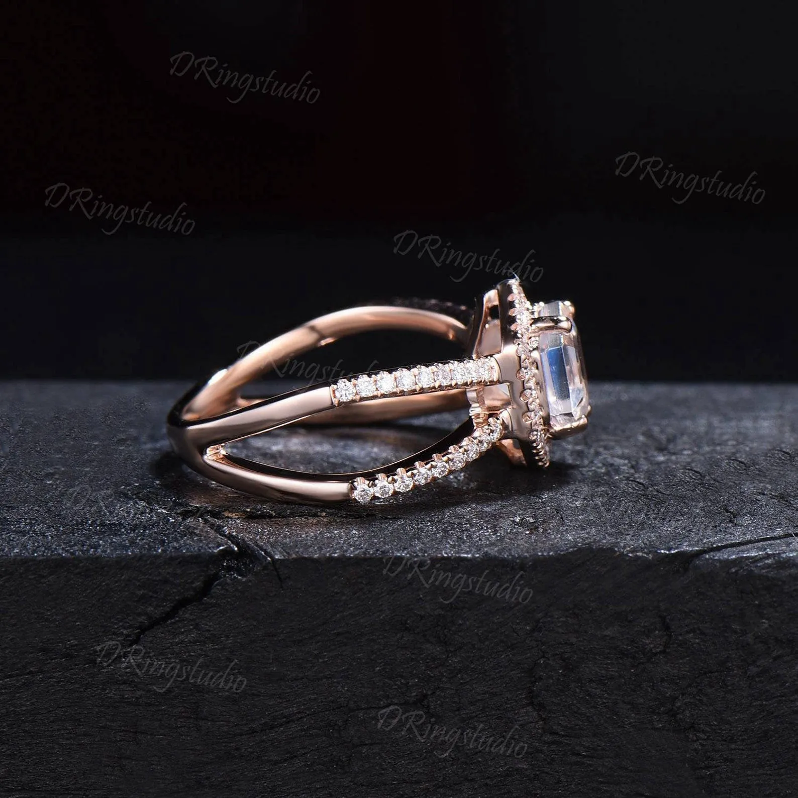 Hexagon Natural Moonstone Halo Engagement Ring Split Moissanite Ring Unique Half Eternity Moonstone Wedding Ring Art Pave Ring Gifts For Her