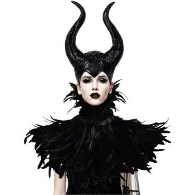 HOMELEX Evil Queen Feather Horns Costume for Women Black Cape Halloween Headpiece Shawl Accessories