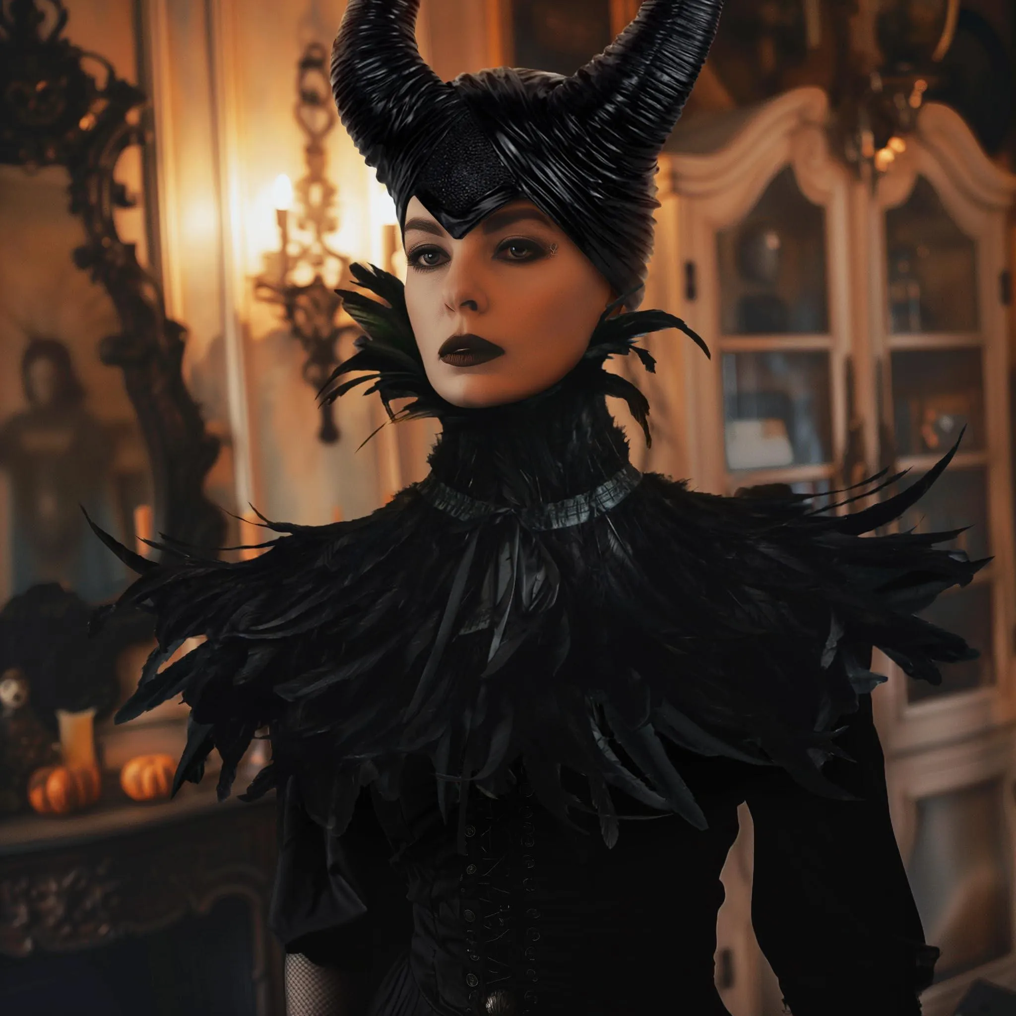 HOMELEX Evil Queen Feather Horns Costume for Women Black Cape Halloween Headpiece Shawl Accessories
