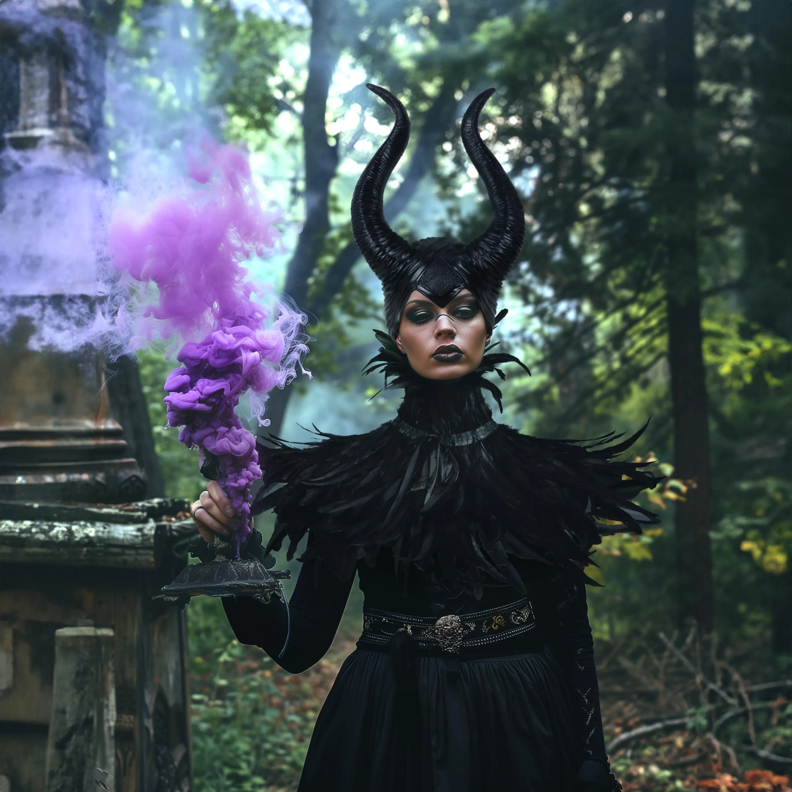 HOMELEX Evil Queen Feather Horns Costume for Women Black Cape Halloween Headpiece Shawl Accessories