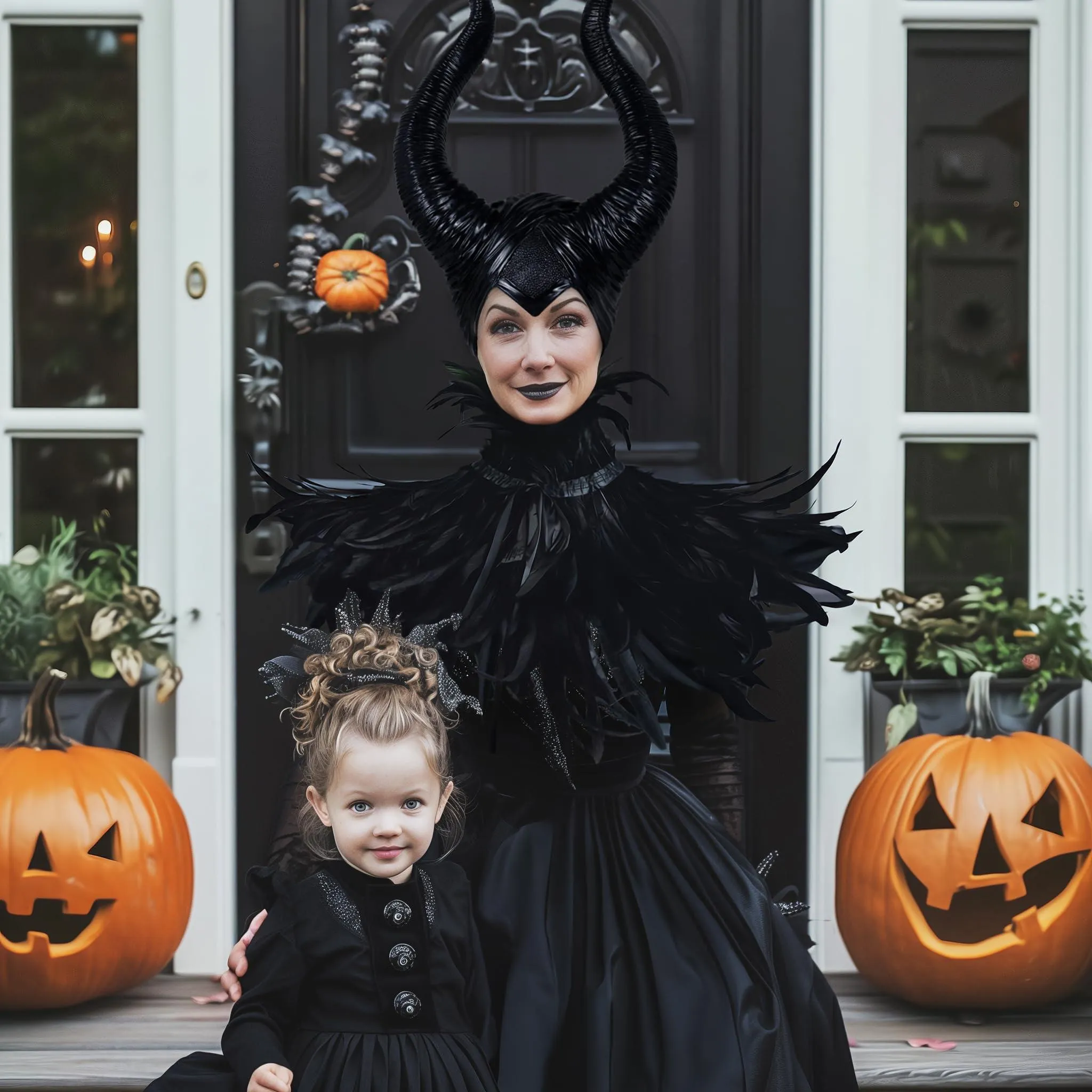 HOMELEX Evil Queen Feather Horns Costume for Women Black Cape Halloween Headpiece Shawl Accessories