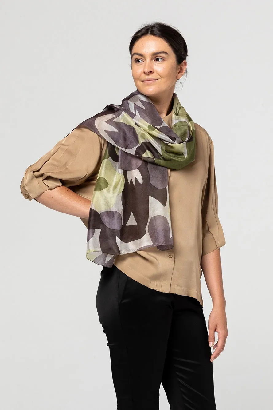 Indus Silk Scarf Frangipani Coffee/Indigo/Lake