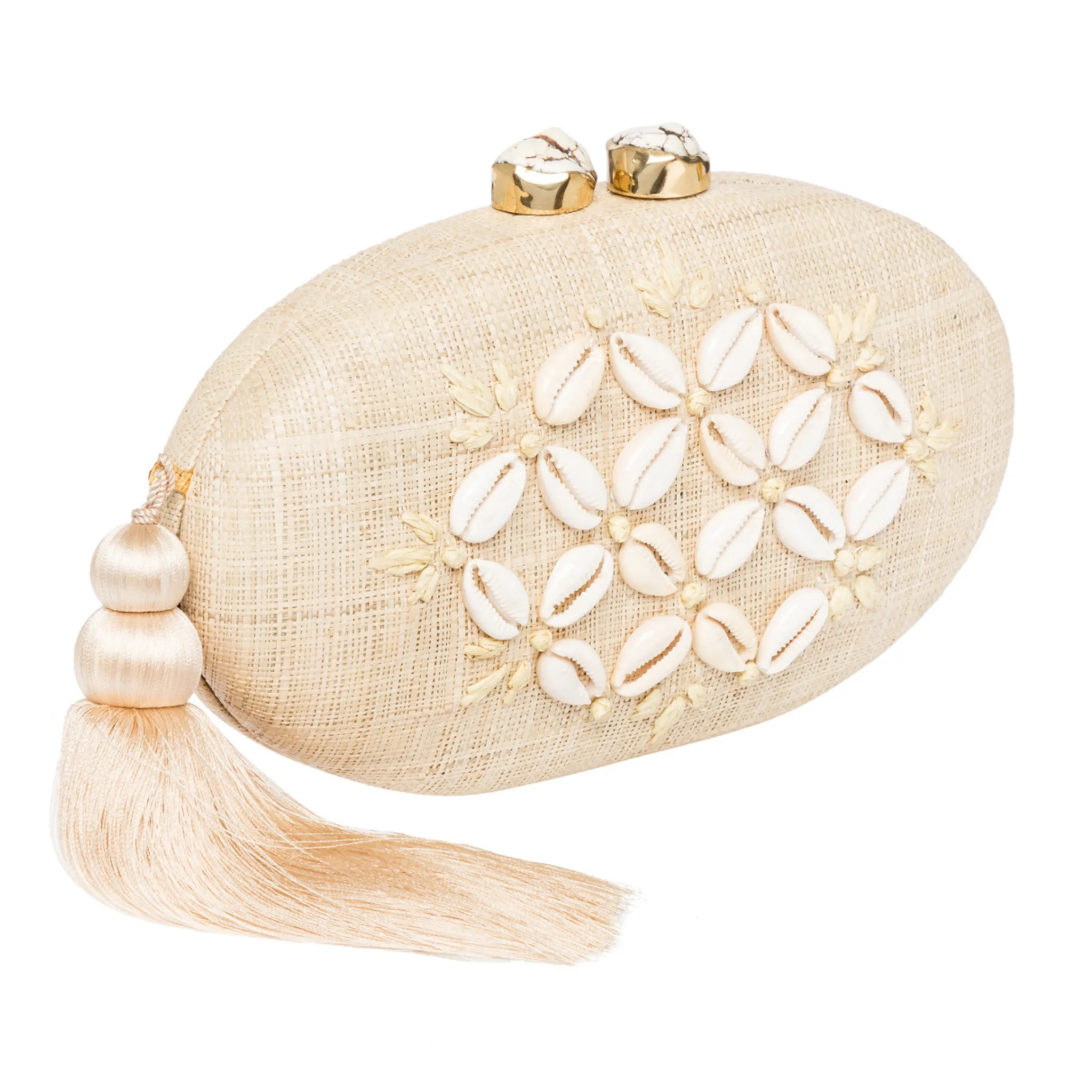Joanna Embroidered Seashell Straw Clutch, Natural/Ivory