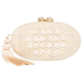 Joanna Embroidered Seashell Straw Clutch, Natural/Ivory