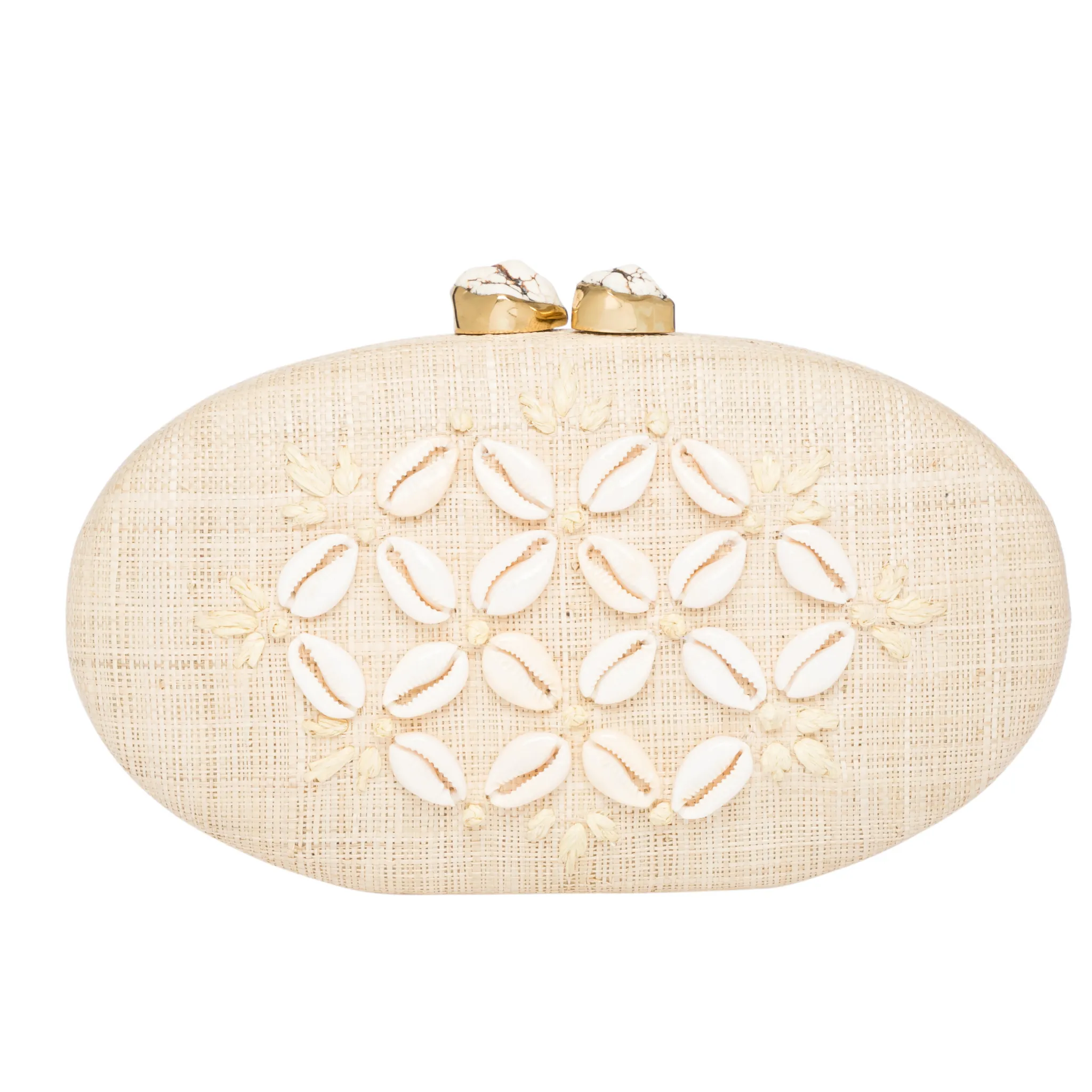 Joanna Embroidered Seashell Straw Clutch, Natural/Ivory