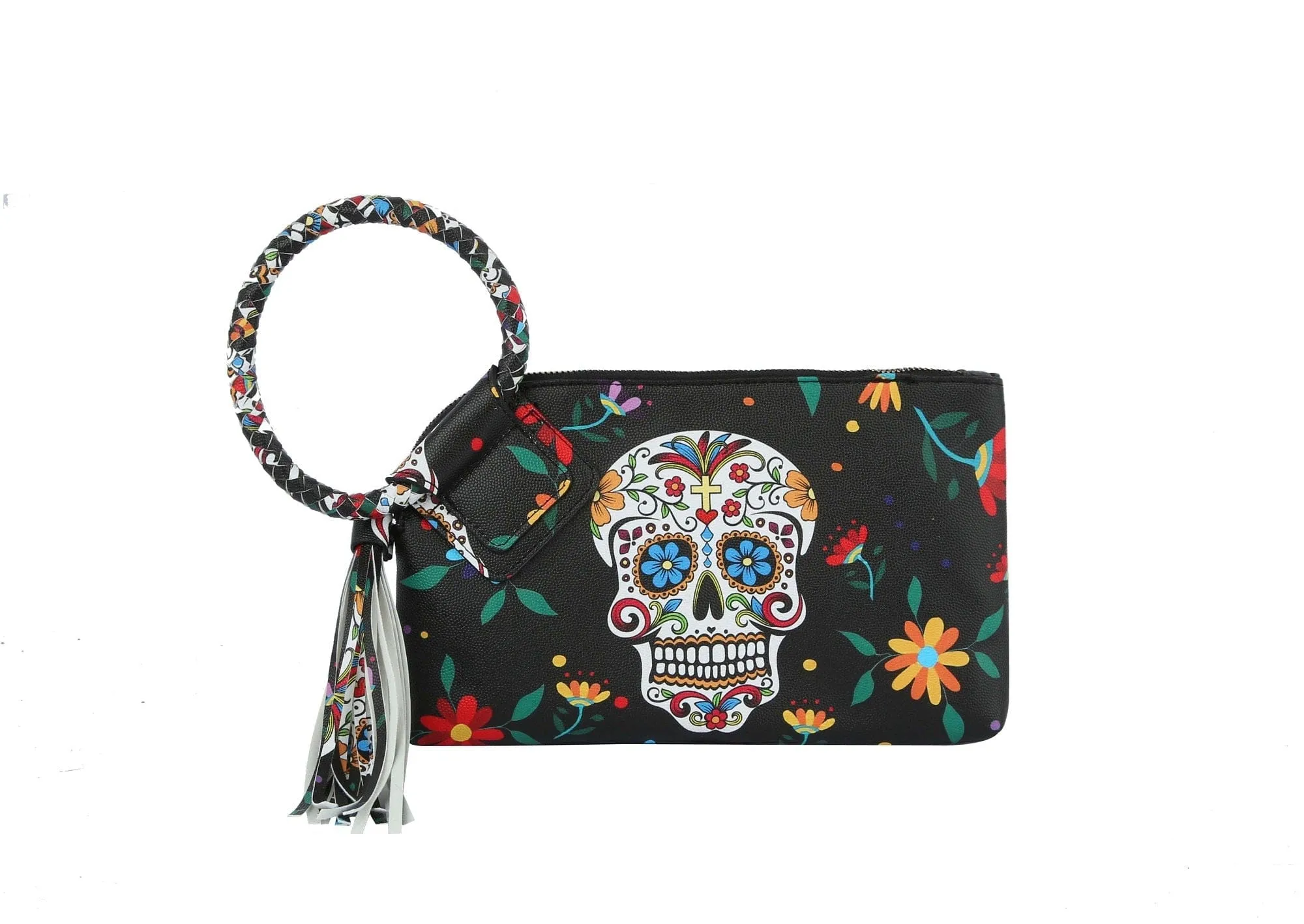 JY0406 Gabriela Sugar Skull Day of the Dead Tassel Wristlet/Clutch