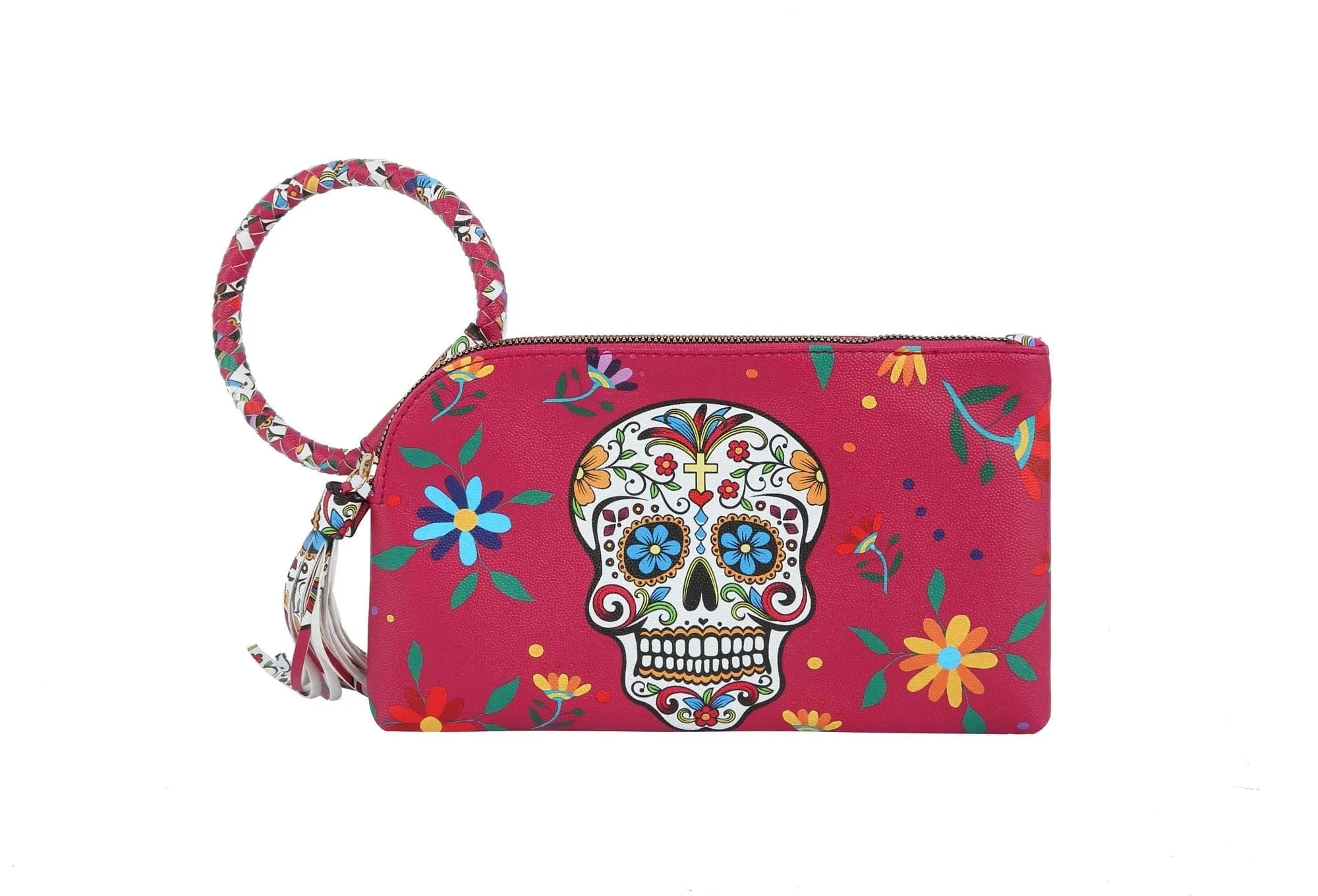 JY0406 Gabriela Sugar Skull Day of the Dead Tassel Wristlet/Clutch