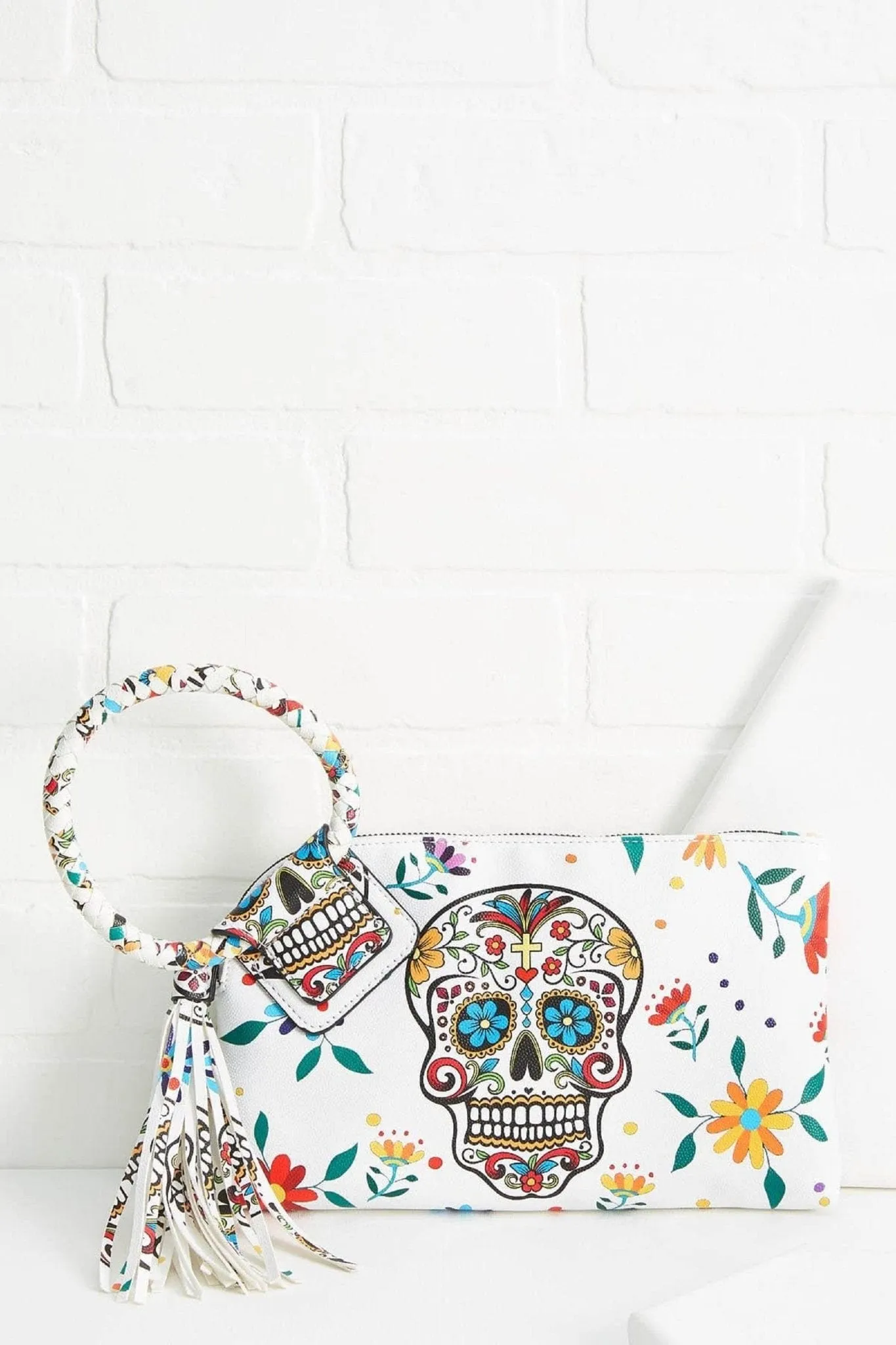 JY0406 Gabriela Sugar Skull Day of the Dead Tassel Wristlet/Clutch