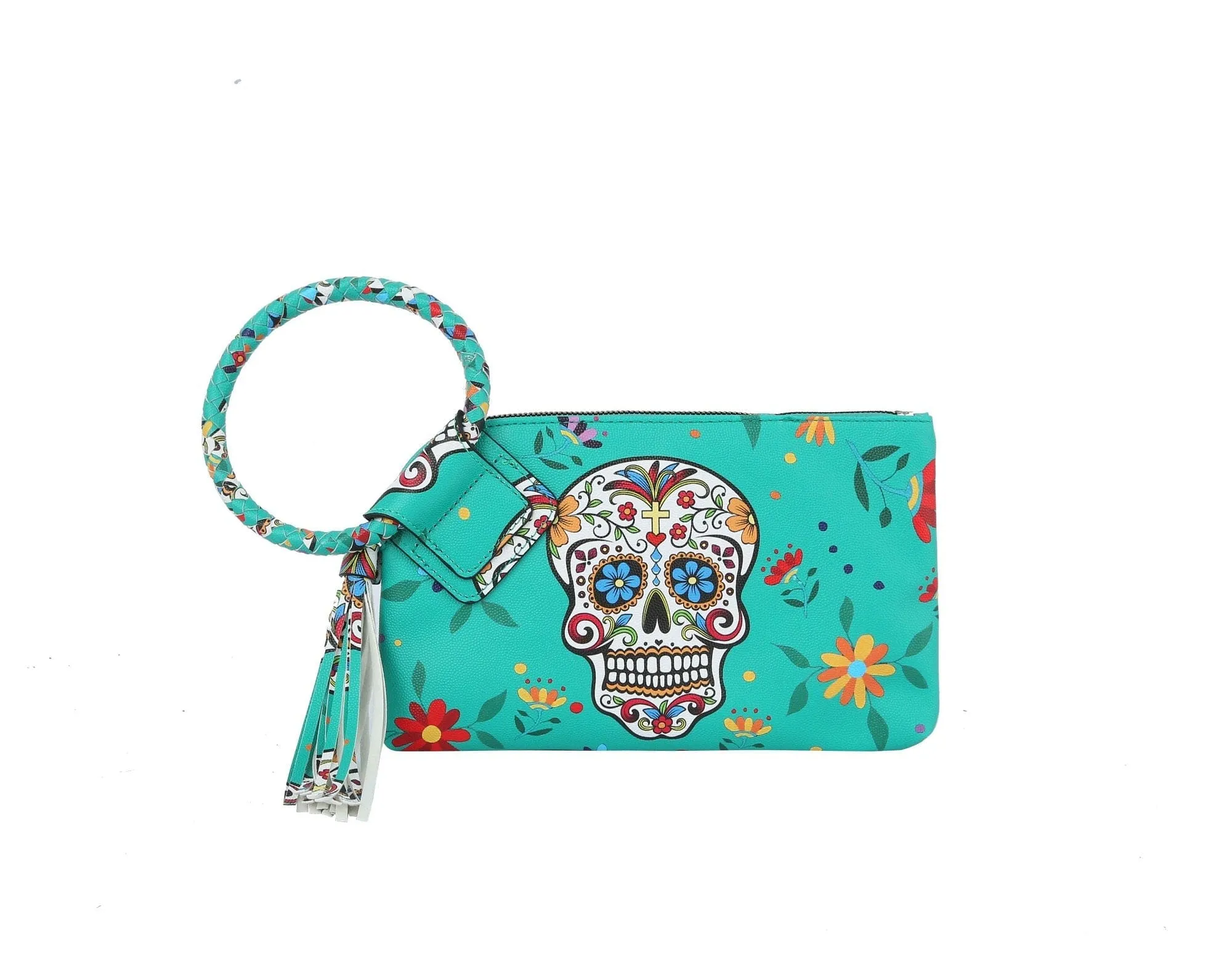 JY0406 Gabriela Sugar Skull Day of the Dead Tassel Wristlet/Clutch