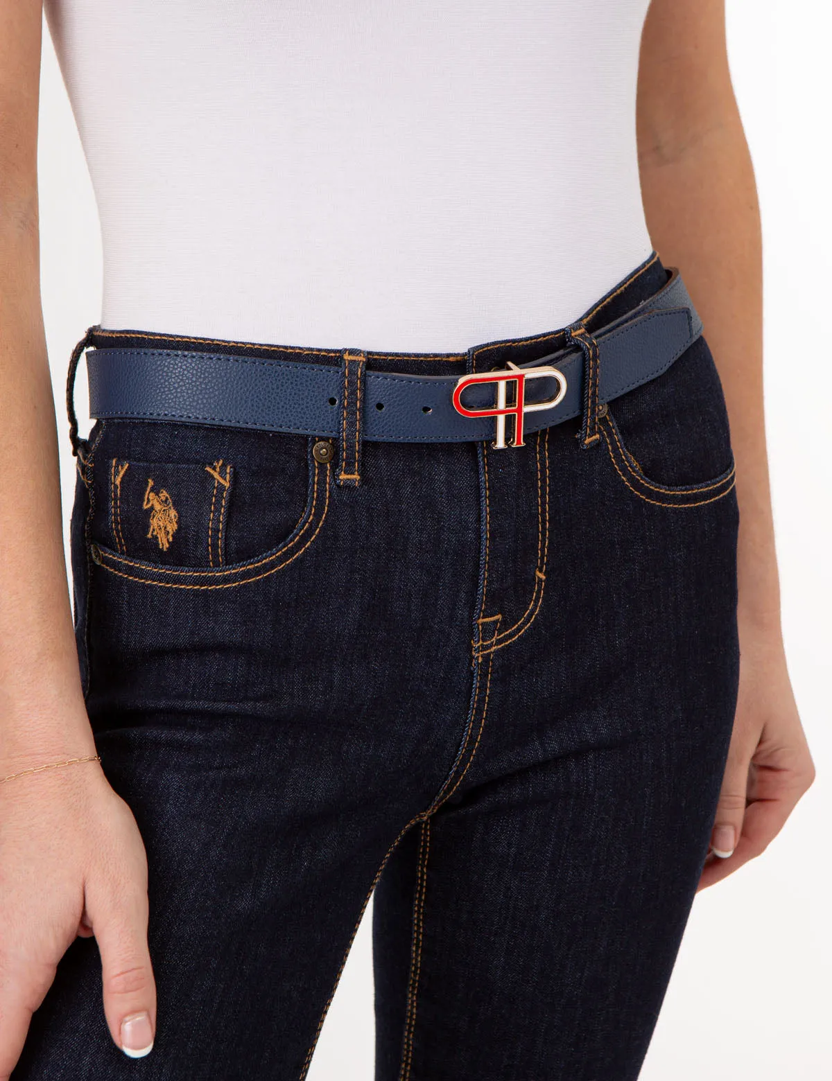 LADIES 30MM ENAMEL REVERSIBLE DOUBLE P BELT